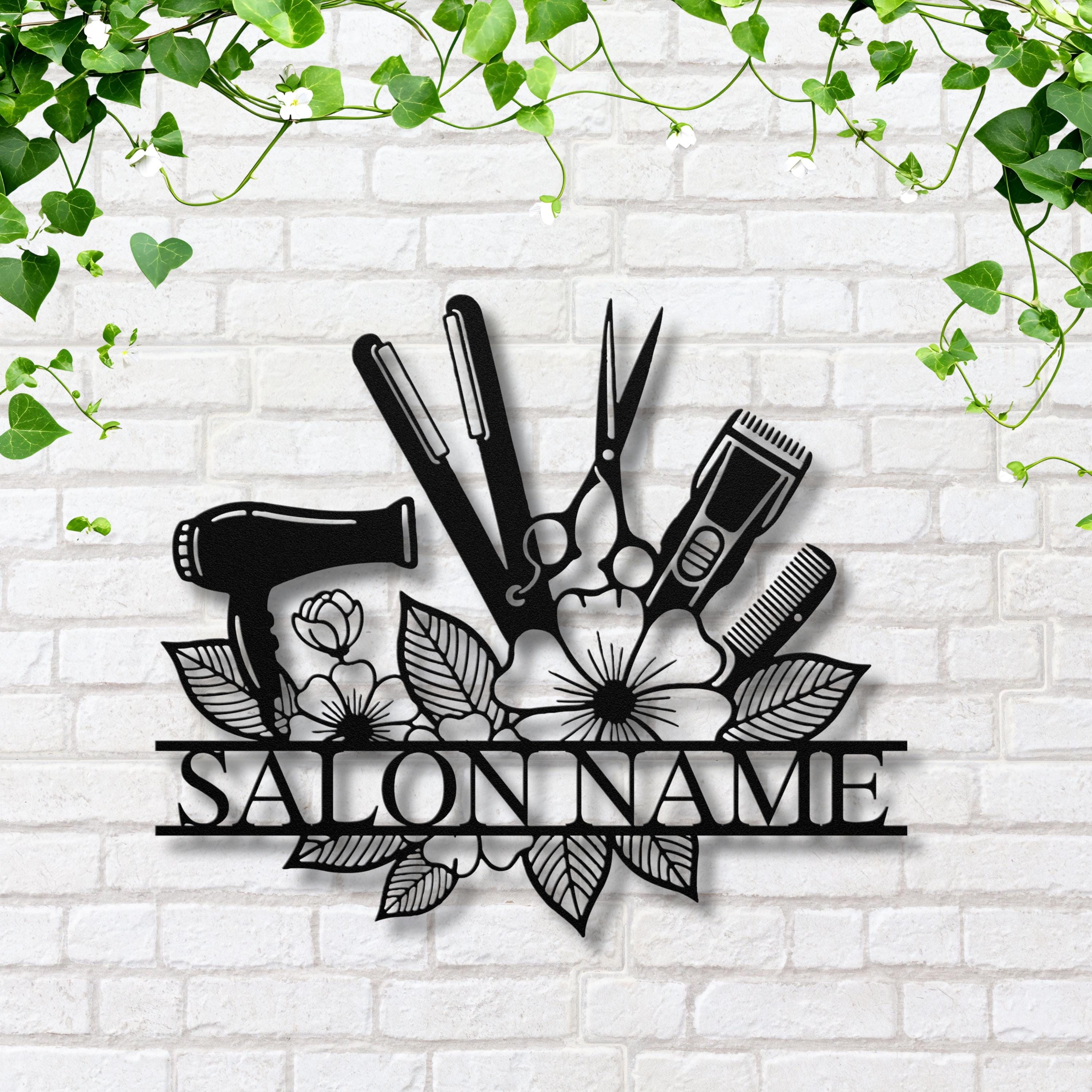 Personalized Hair Salon Metal Sign, Custom Barber Shop Decor, Die Cut Hair Tools & Flowers Art, Stylist Gift, Beauty Studio Plaque