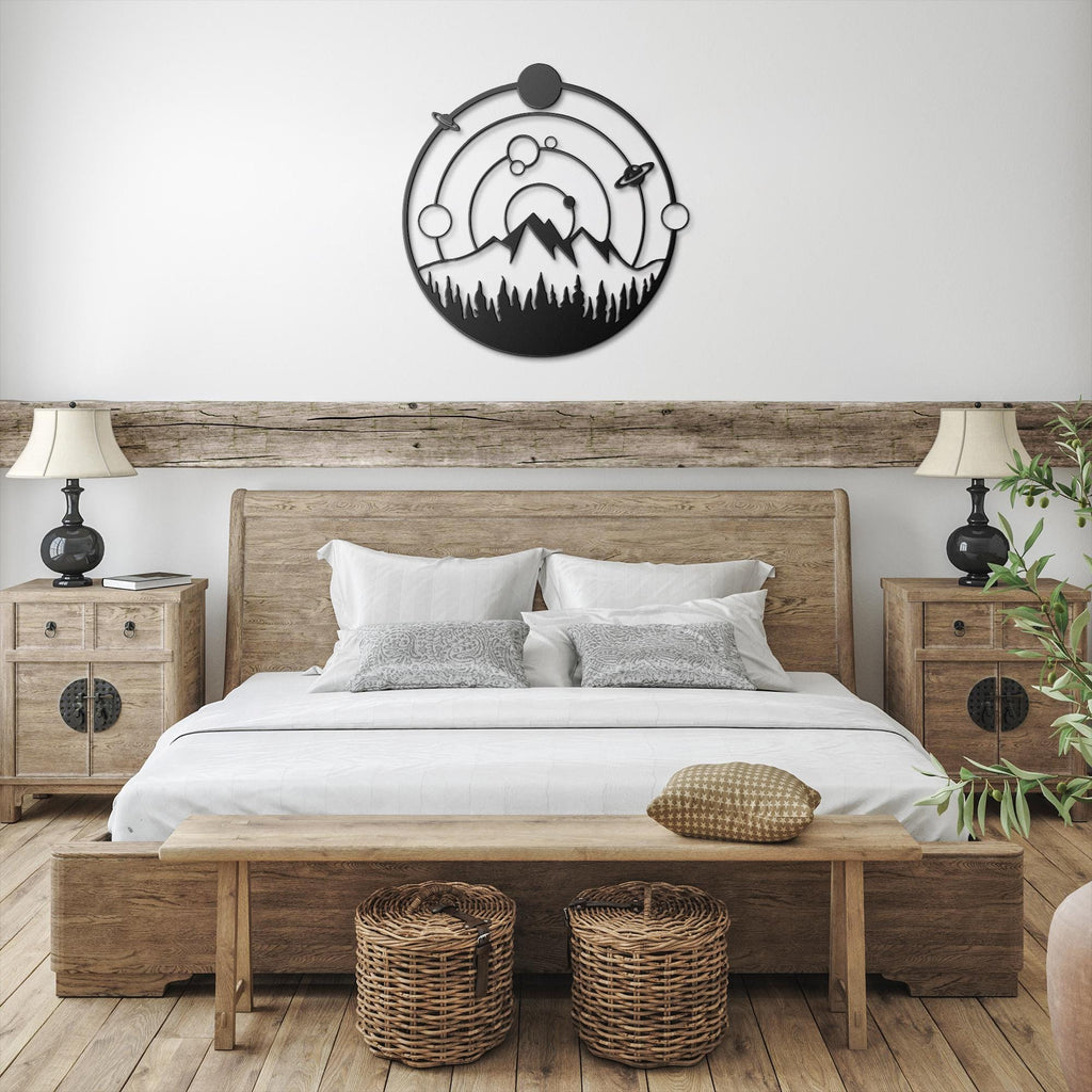 Cosmic Metal Wall Art – Mountain Metal Sign | Celestial Die Cut Forest Decor