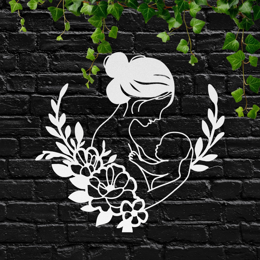 Mother Baby Metal Sign – Floral Die Cut Sign | Minimalist Metal Art Nursery Wall Decor