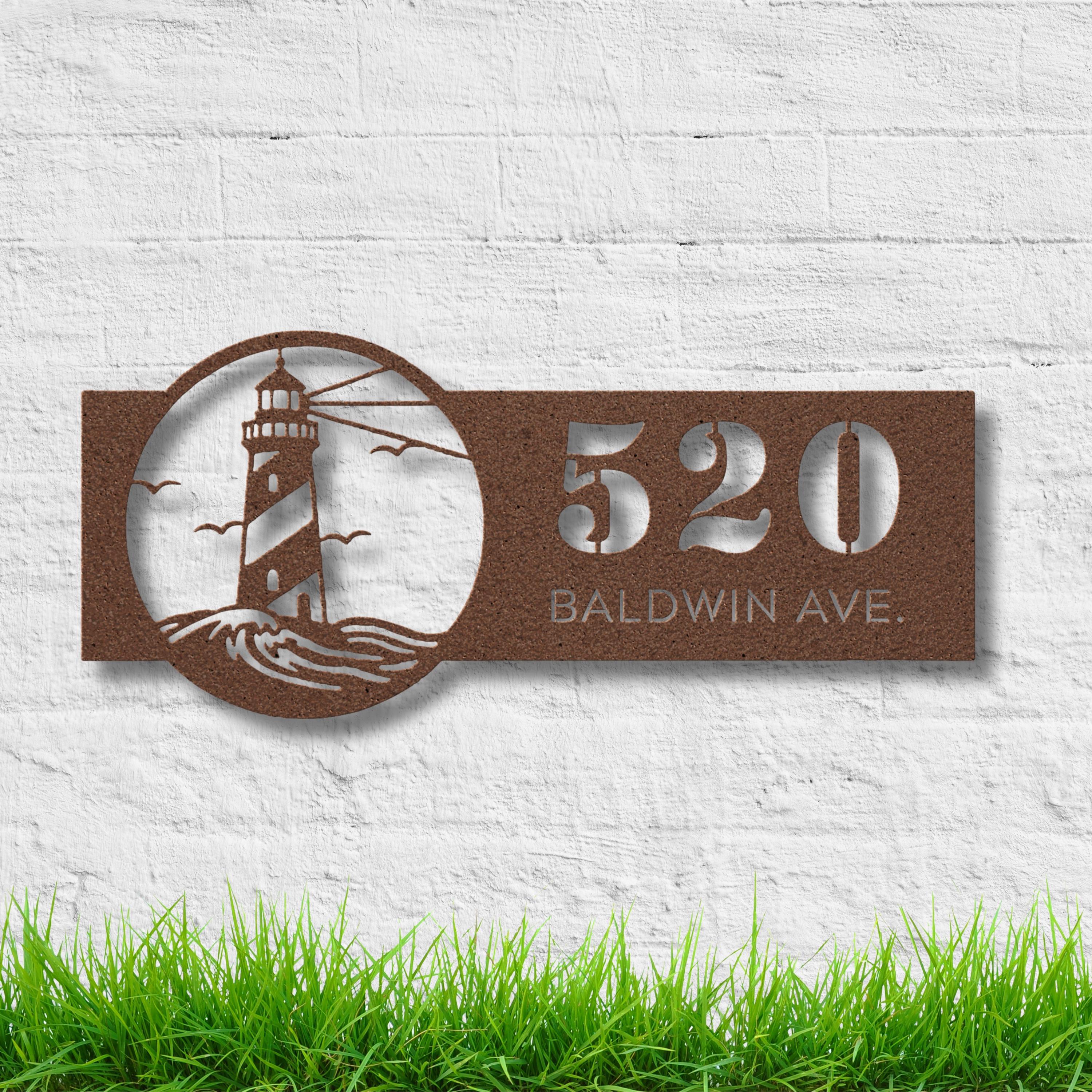 Personalized Lighthouse Address Metal Sign | Custom Number and Street Coastal Home Decor | Die-Cut Beach Gift