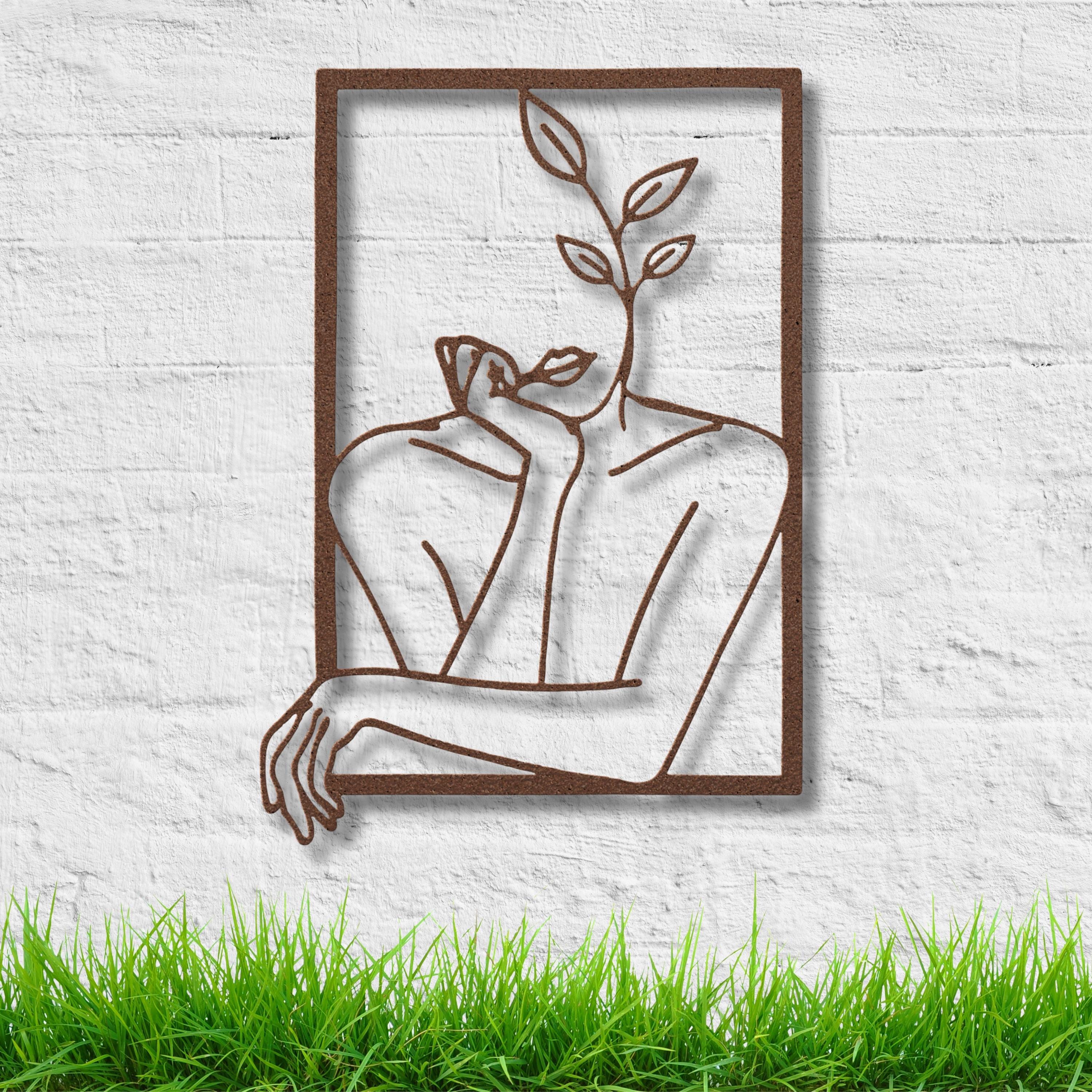 Abstract Woman Face Metal Wall Art, Minimalist Line Drawing, Botanical Plant Decor, Modern Feminine Art, Above Bed Art Gift