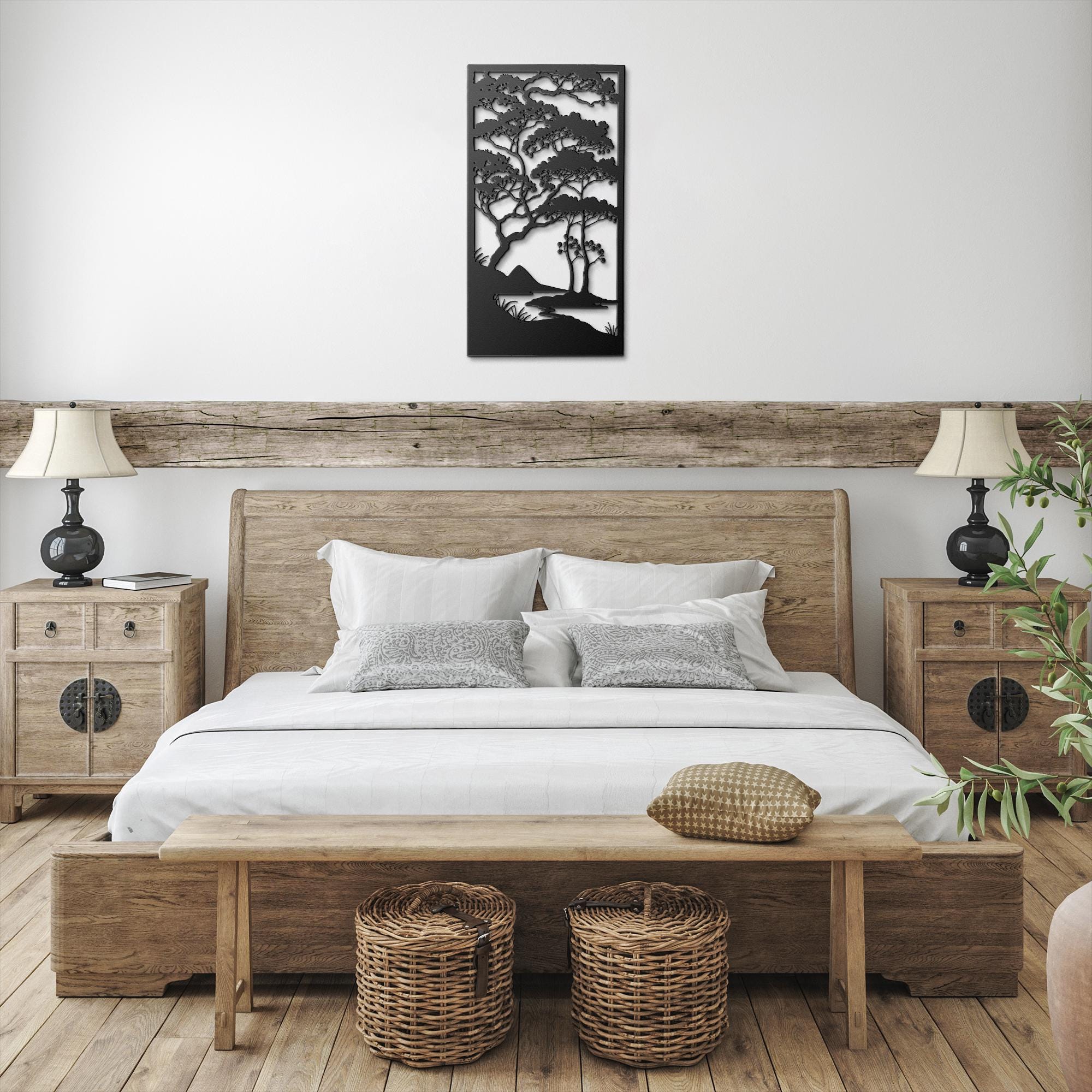 Japanese Pine Metal Wall Art, Zen Forest Tree Decor, Asian Style Landscape, Outdoor Sign