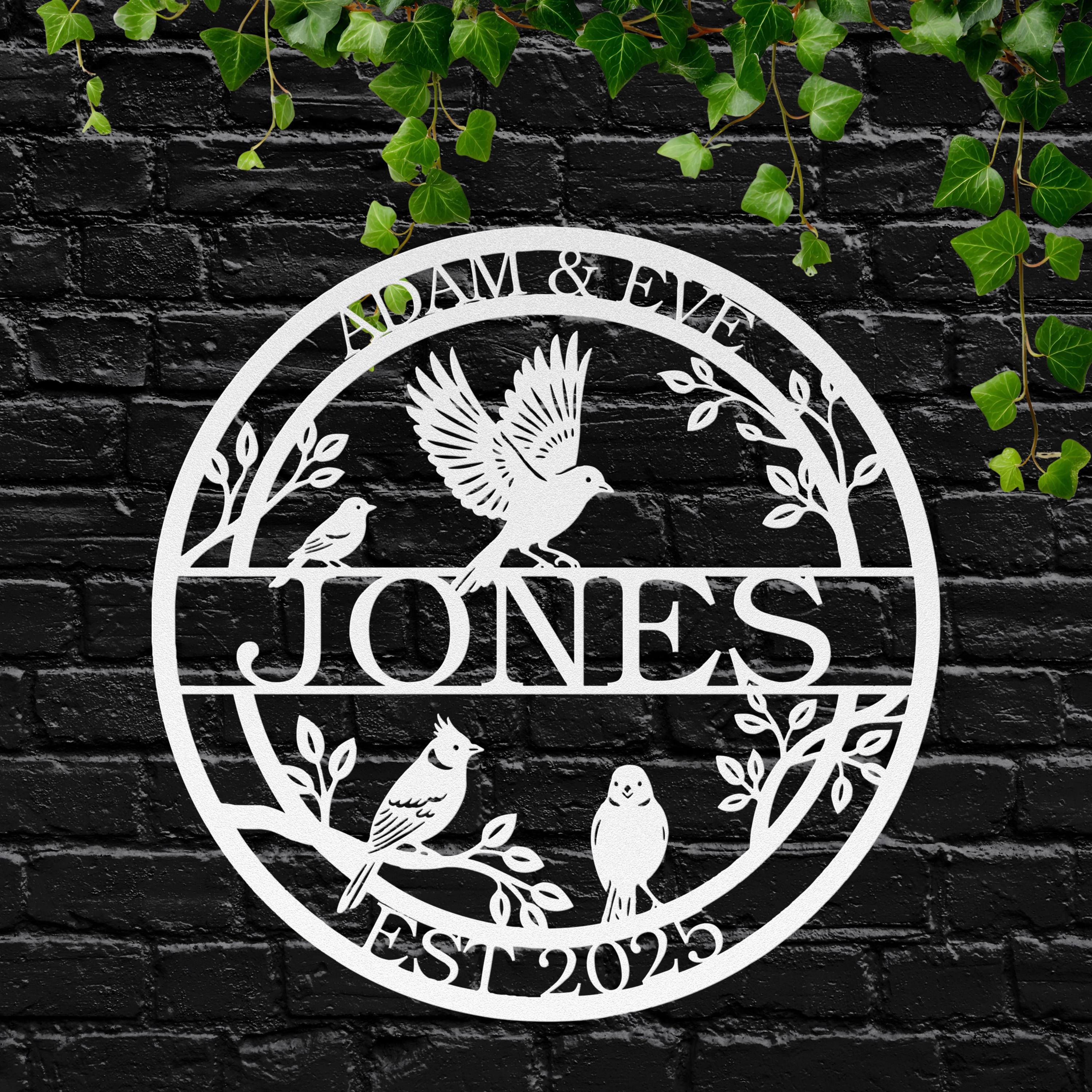Personalized Family Name Sign with Birds, Custom Metal Last Name Sign, Established Date Wall Art, Housewarming Gift for Couple