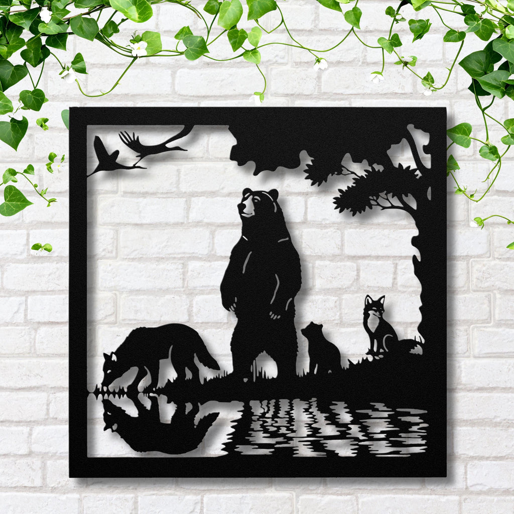 Forest Animals Lake Reflection Metal Art | Bear Fox Wolf Silhouette | Nature Wildlife Wall Decor | Rustic Cabin Sign