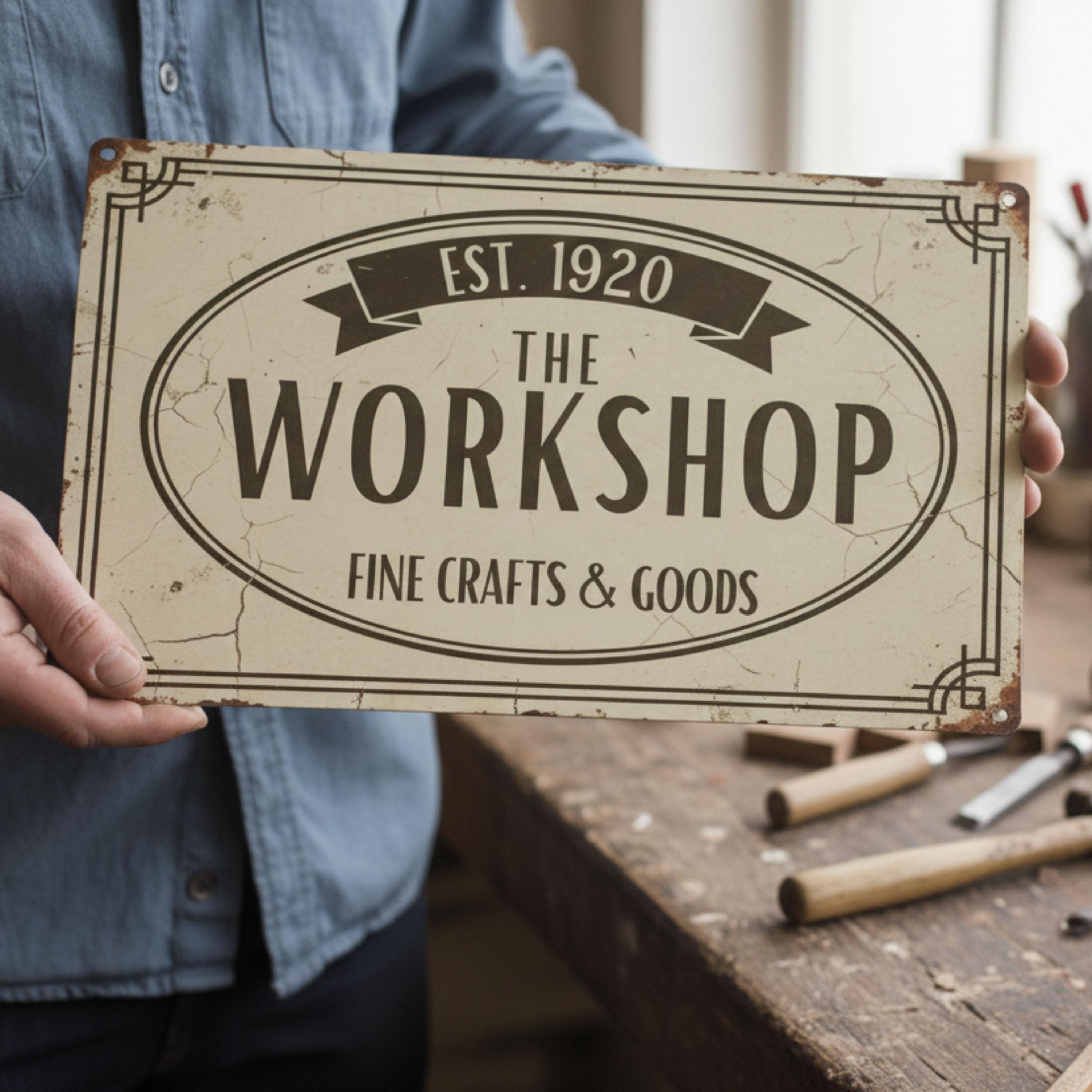 Custom Metal Sign - Rustic Workshop Metal Art | Vintage Shop Decor & Oval Crest