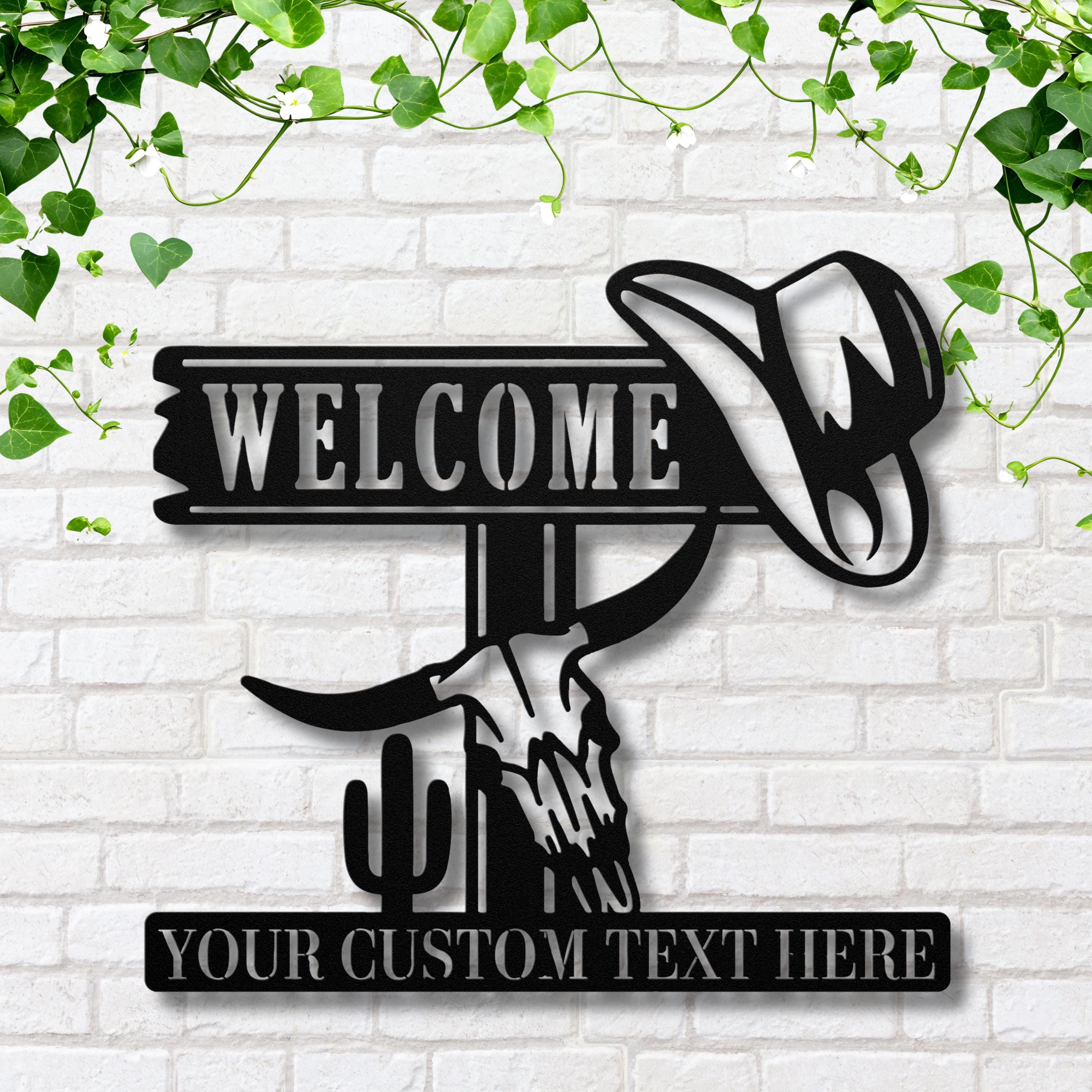 Personalized Welcome Sign, Cowboy Hat & Skull Decor, Rustic Metal Welcome Art, Custom Western Ranch Gift, Die Cut Desert Decor
