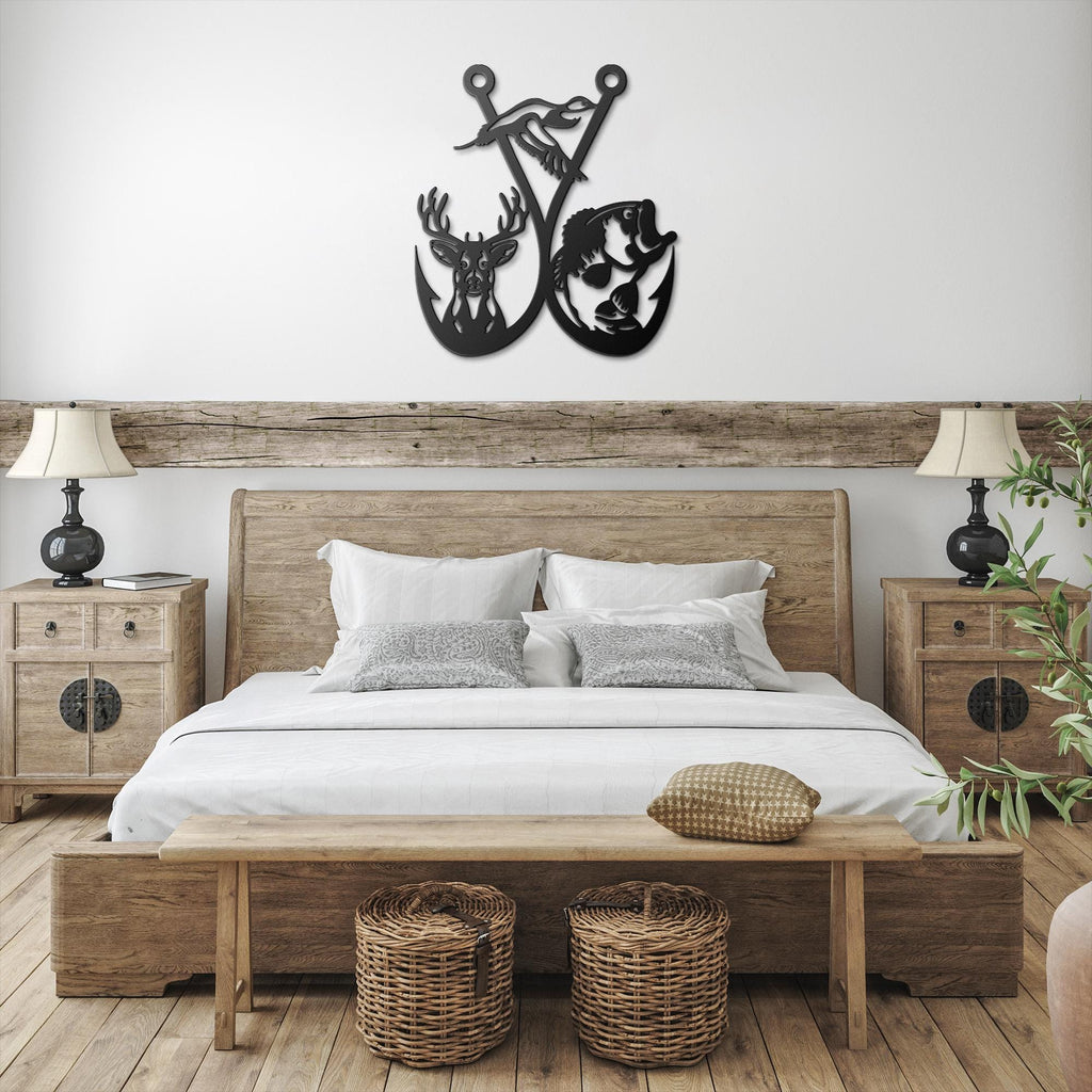 Hunting and Fishing Metal Sign, Deer Duck Bass Hook Wall Art, Outdoorsman Gift Decor