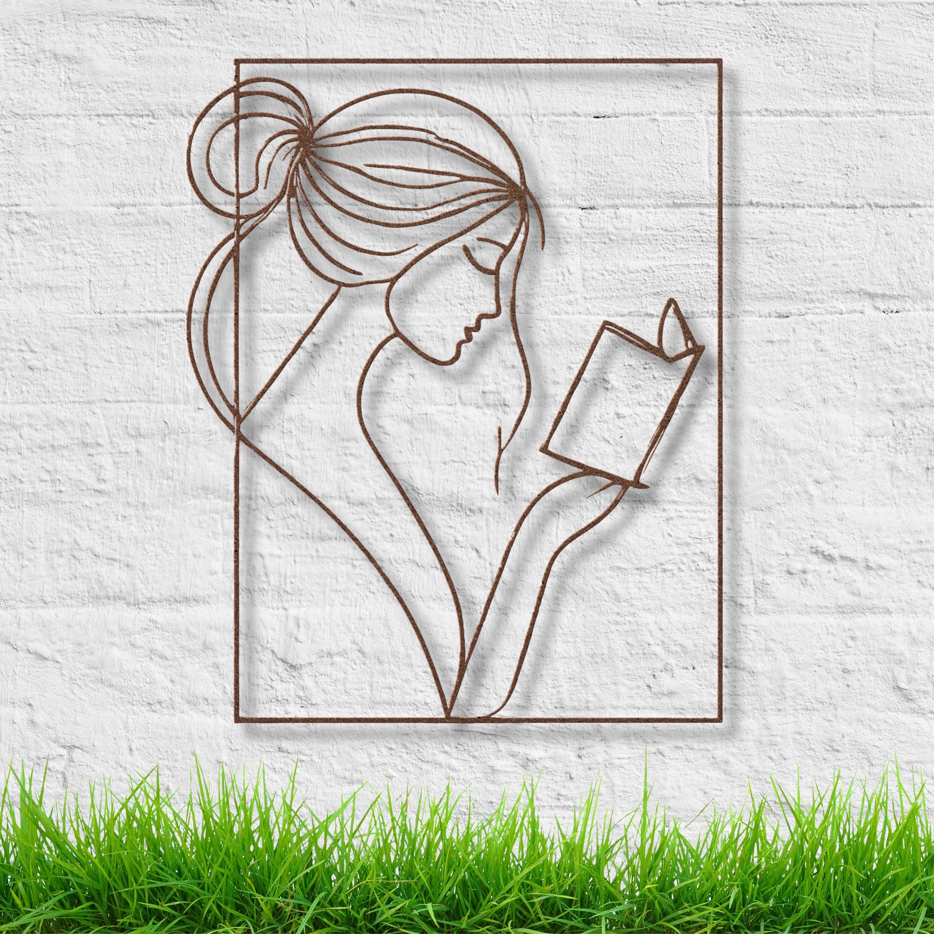 Woman Reading Metal Wall Art, Minimalist Line Art, Librarian Gift
