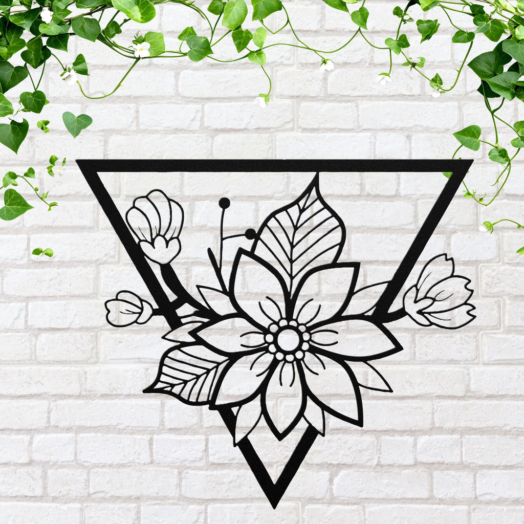 Geometric Floral Metal Wall Art, Flower Triangle Sign, Boho Bedroom Home Decor