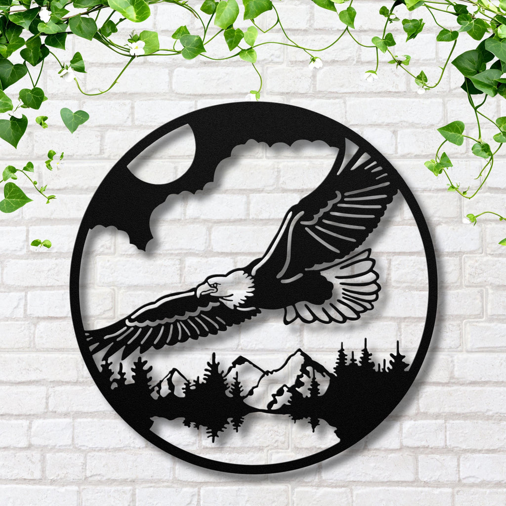 Bald Eagle Metal Wall Art, Mountain Landscape Sign, Patriotic Outdoor Cabin Decor