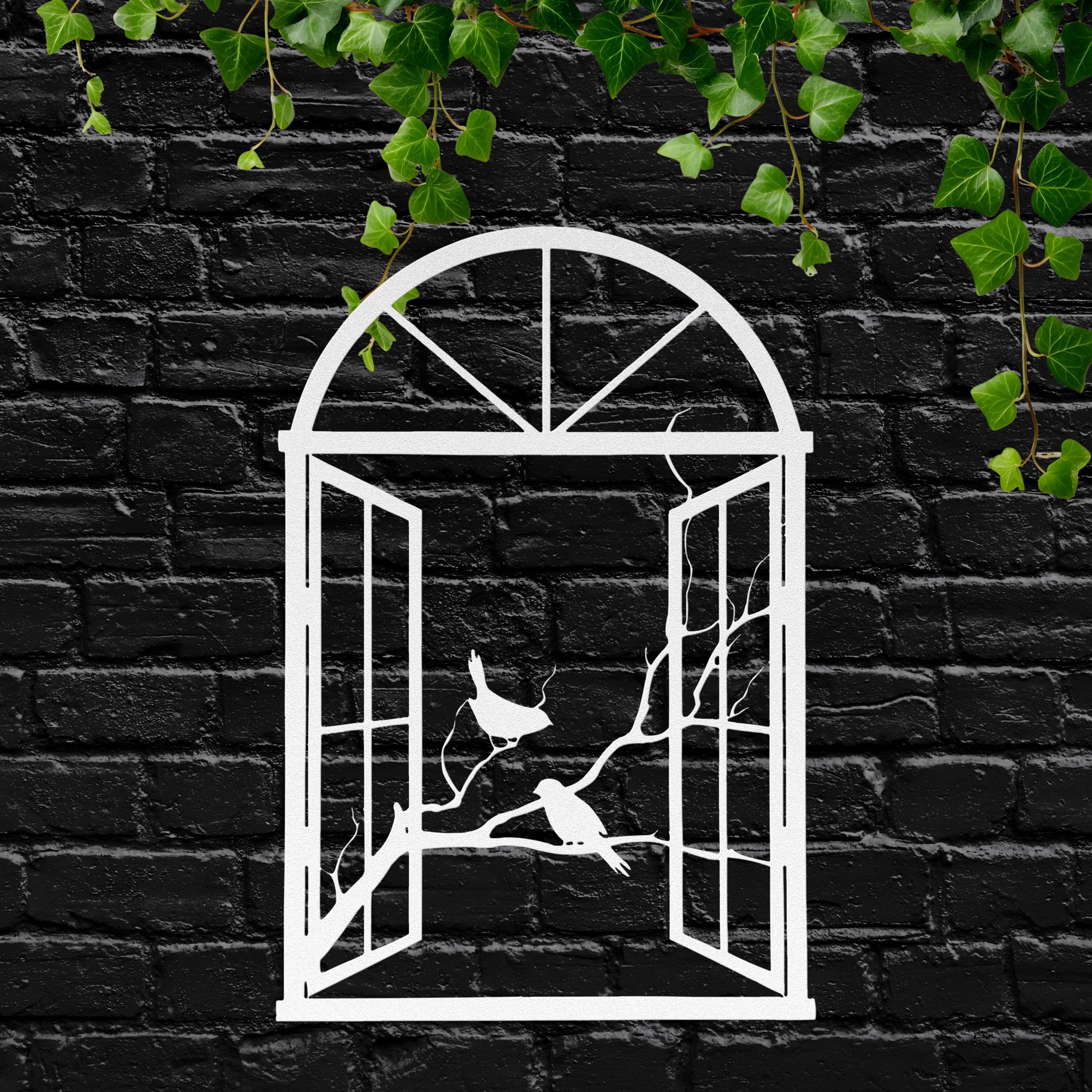 Open Window Birds on Branch Metal Wall Art, Rustic Farmhouse Silhouette Sign, Arch Window Die Cut Decor, Nature Lover Housewarming