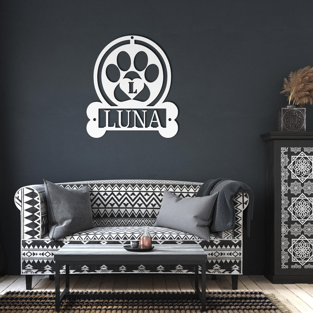 Personalized Dog Sign – Custom Pet Name Paw Print Metal Wall Art Gift