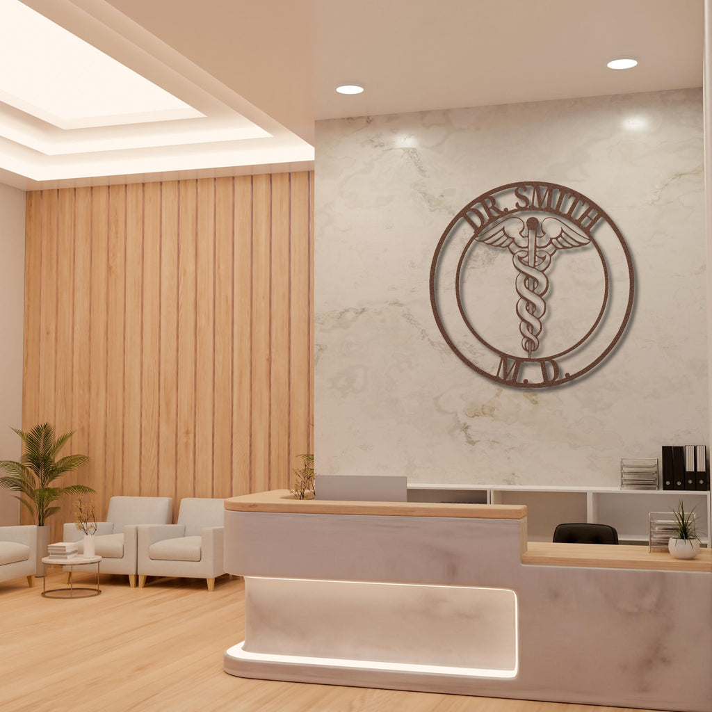 Personalized Metal Sign | Custom Doctor Sign with Steel Caduceus Emblem & Medical Office Decor
