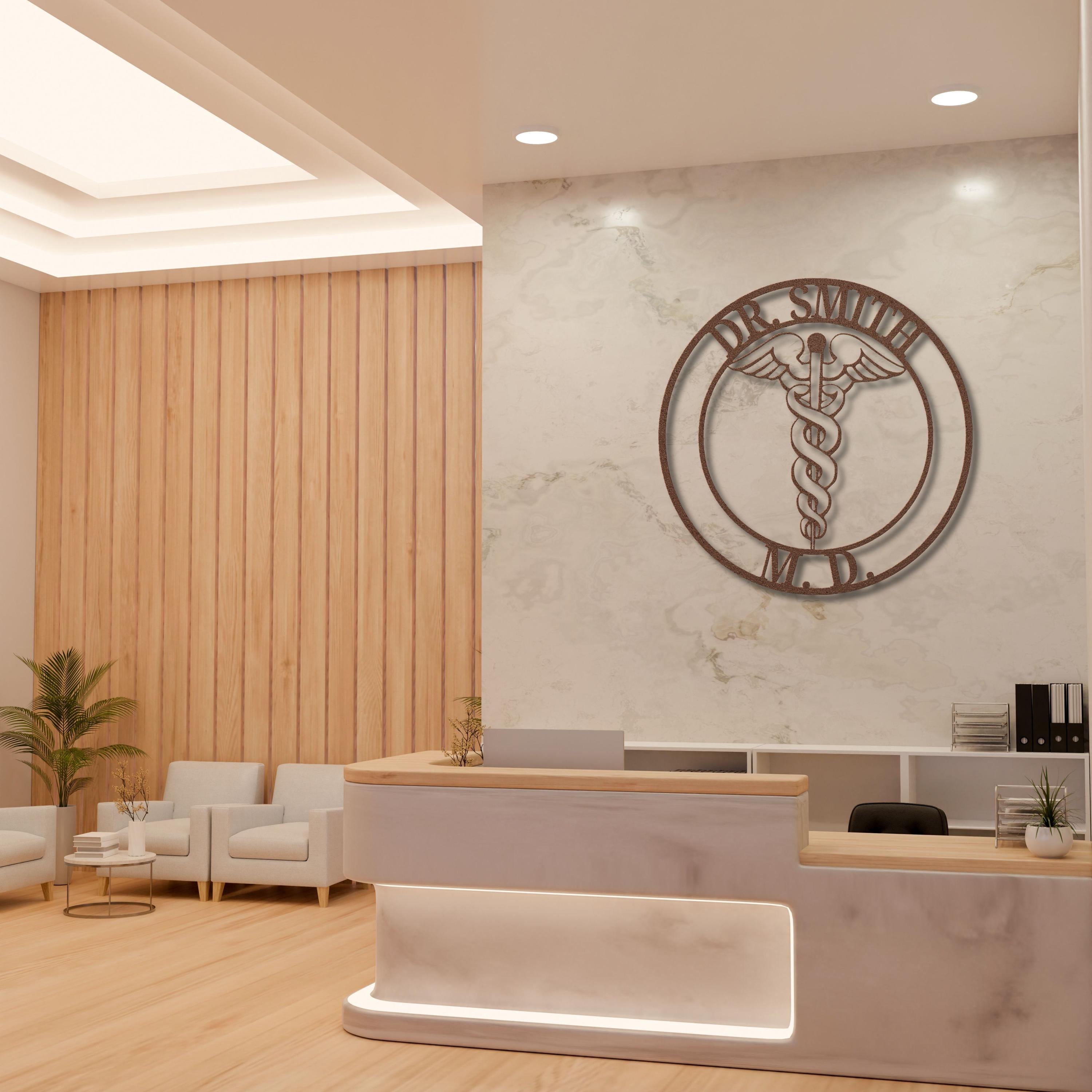 Personalized Metal Sign | Custom Doctor Sign with Steel Caduceus Emblem & Medical Office Decor