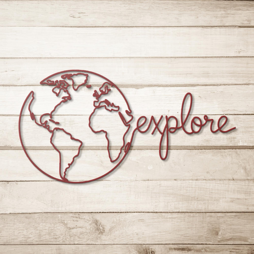 Explore Globe Metal Wall Art | Travel Die Cut Sign, Adventure Decor, Earth Map Silhouette, Wanderlust Gift