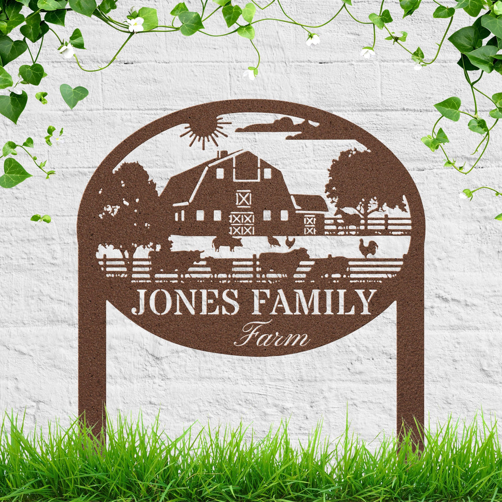 Custom Family Farm Sign, Personalized Die-Cut Metal Barn & Livestock Silhouette, Farmhouse Rural Yard Stake, Ranch Decor