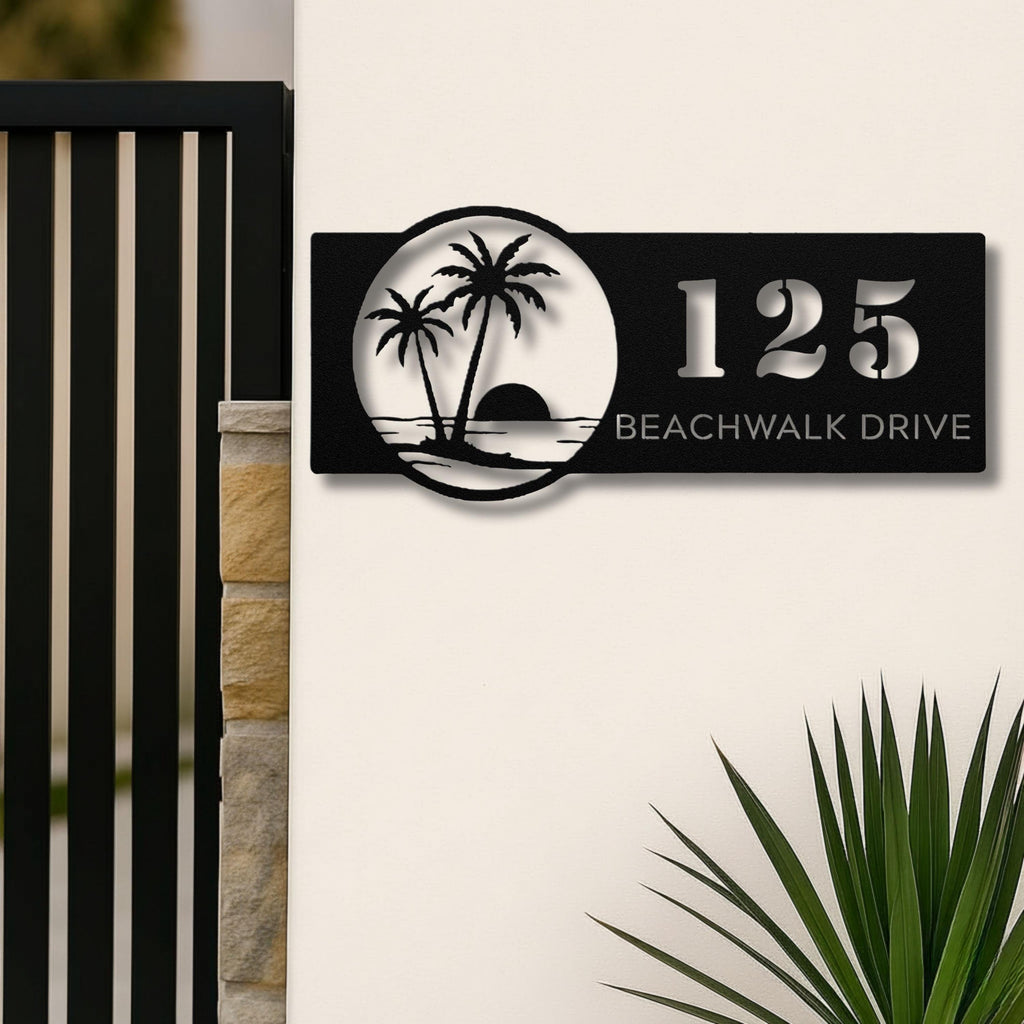 Personalized Palm Tree Address Metal Sign | Custom Number and Street Tropical Home Decor | Die-Cut Beach Gift