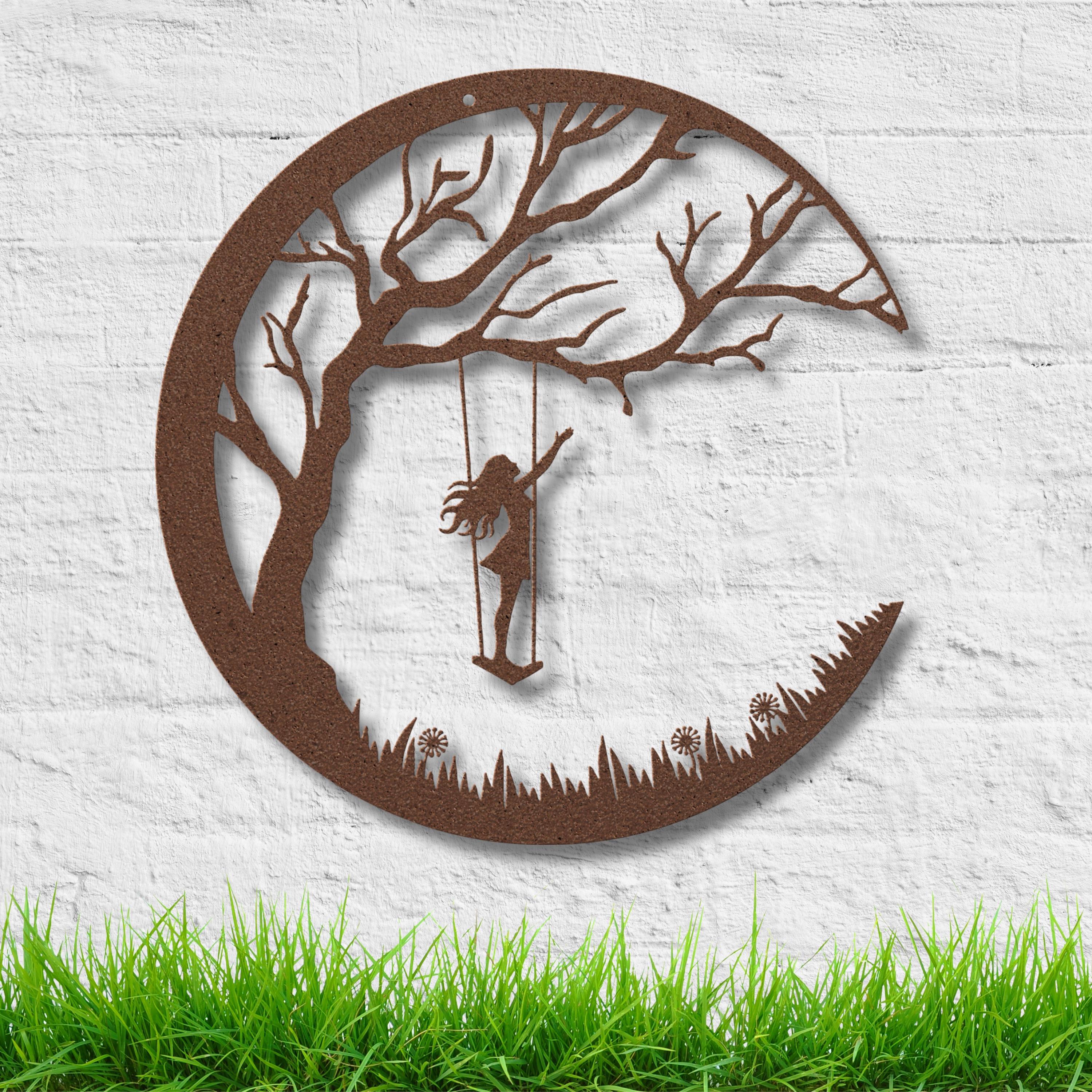Girl on Swing Metal Wall Art, Crescent Moon Silhouette, Kids Room Decor
