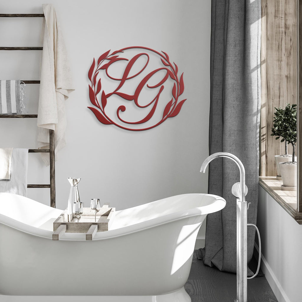 Custom Monogram Metal Sign, Leaf Wreath Wall Decor, Personalized Initial Art, Home Gallery