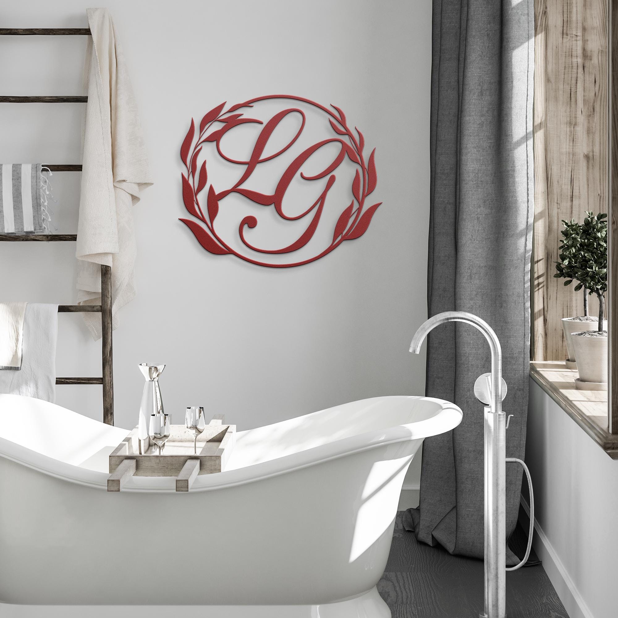 Custom Monogram Metal Sign, Leaf Wreath Wall Decor, Personalized Initial Art, Home Gallery