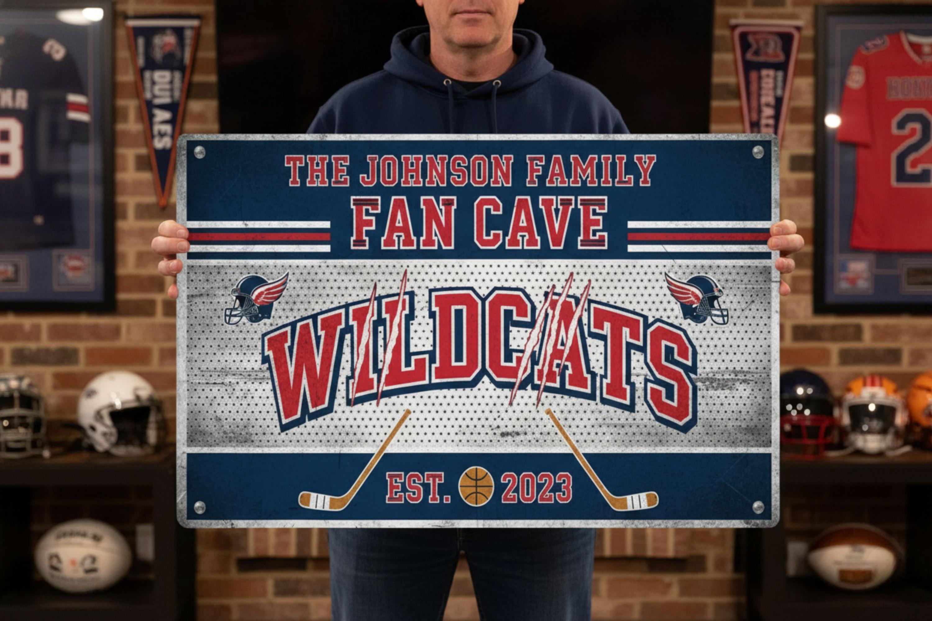 Custom Fan Cave Sign - Personalized Family Name Sports Theme Wall Art | Wildcats Decor