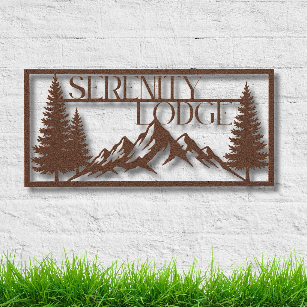 Custom Mountain Cabin Sign | Forest Tree Lodge Metal Art | Personalized Rustic Nature Die Cut Gift | Outdoor Retreat Decor