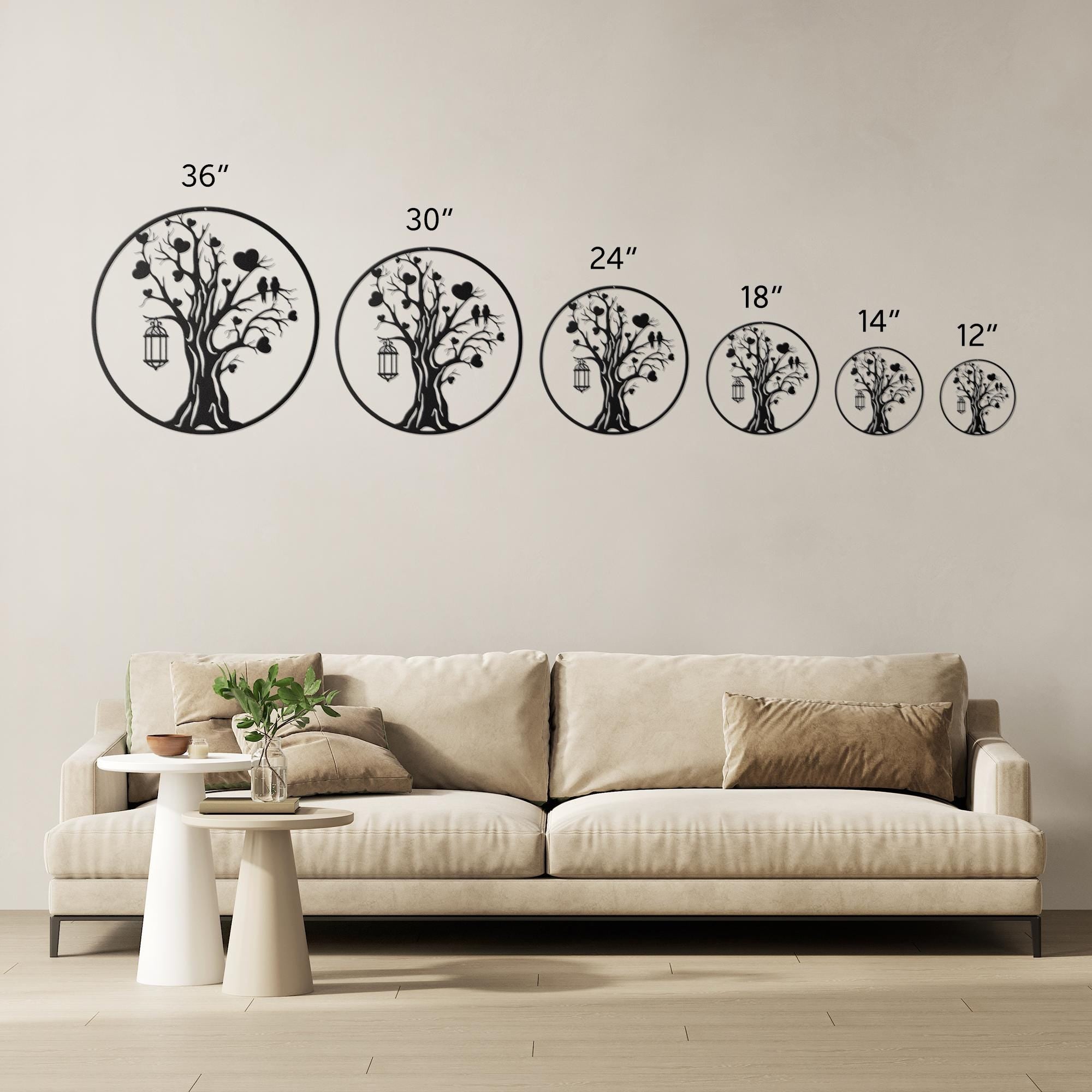 Tree Of Life Metal Art - Heart Tree Sign With Love Birds Lantern & Family Sculpture