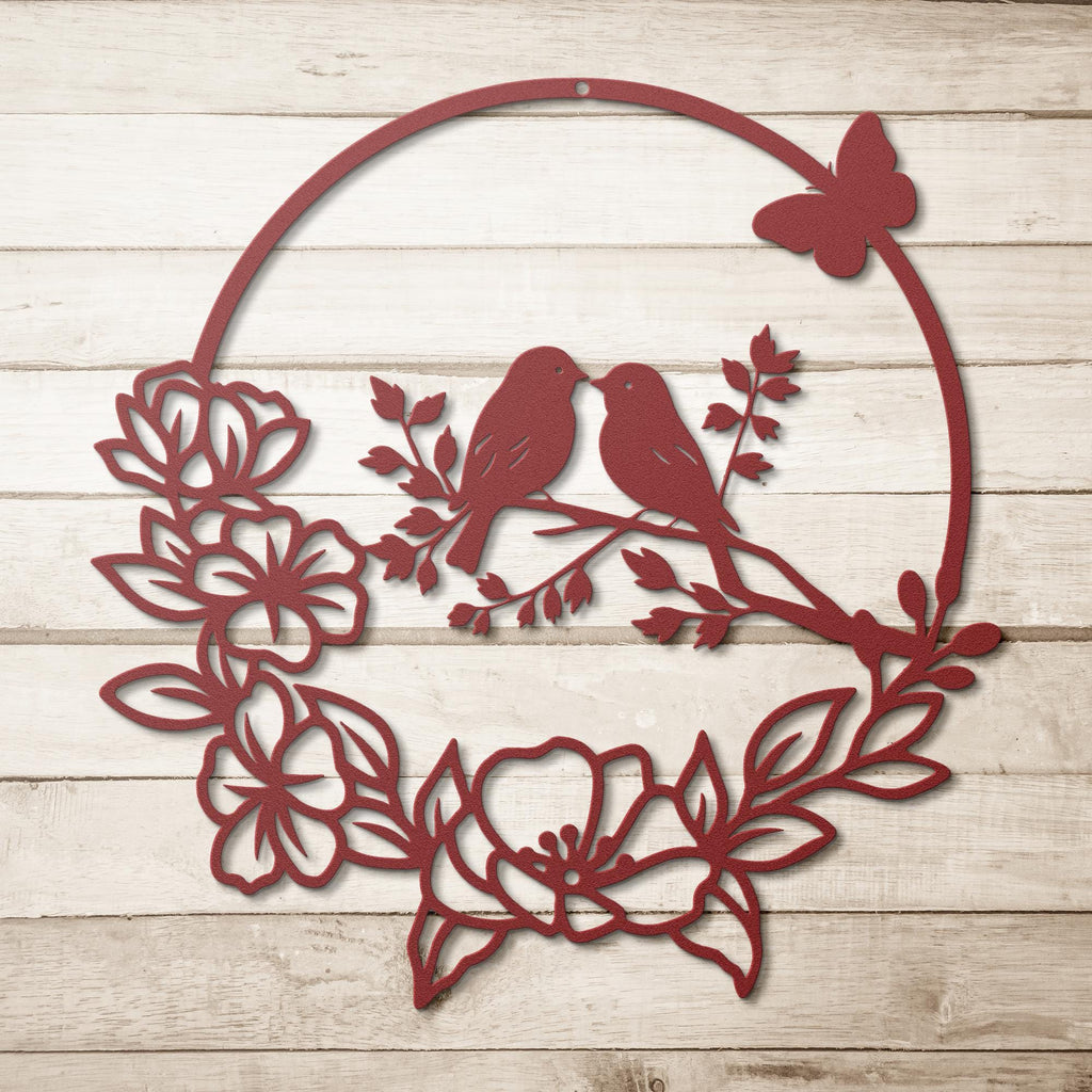 Love Birds Metal Wall Art, Floral Wreath Sign, Anniversary Gift, Nursery Bird Wall Decor