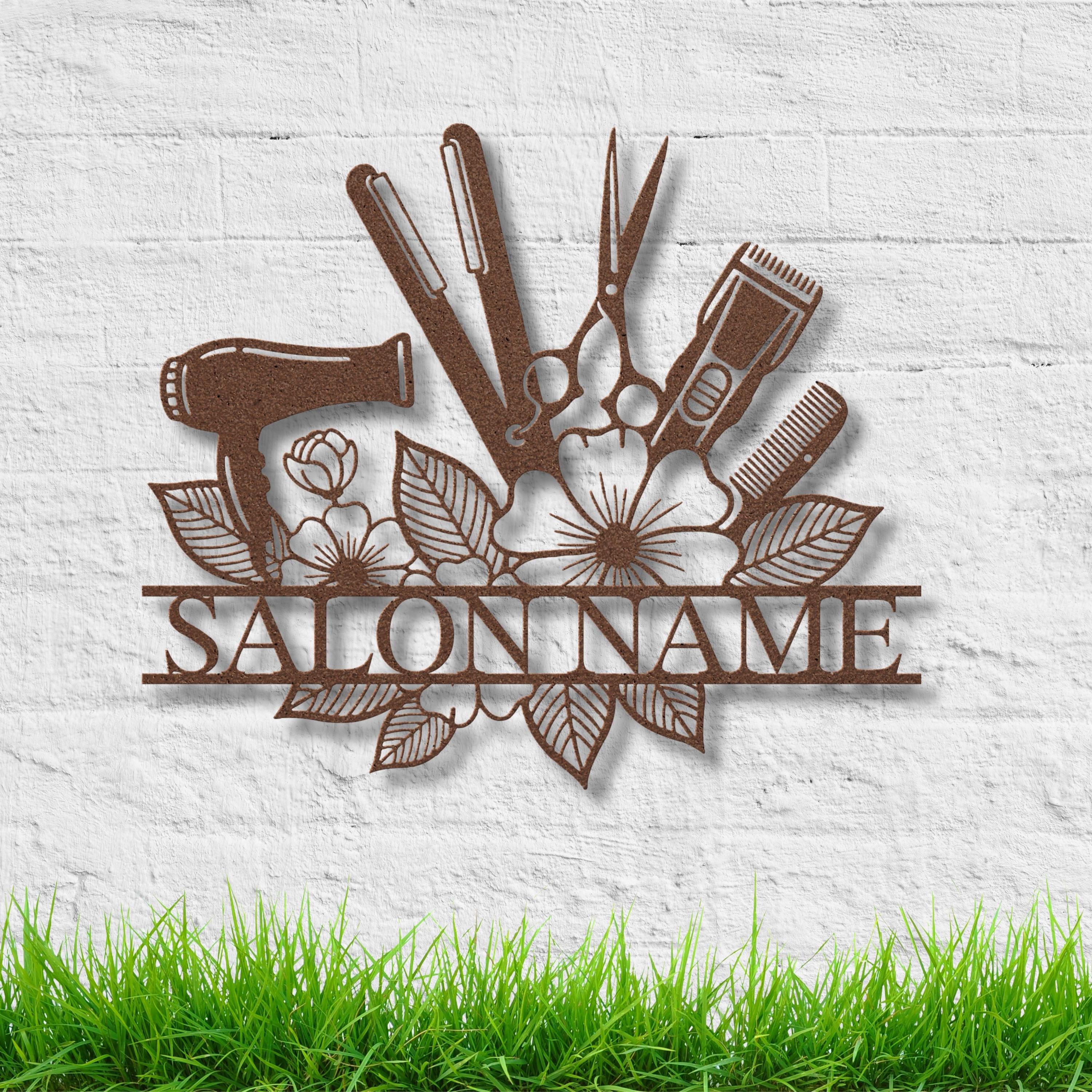 Personalized Hair Salon Metal Sign, Custom Barber Shop Decor, Die Cut Hair Tools & Flowers Art, Stylist Gift, Beauty Studio Plaque