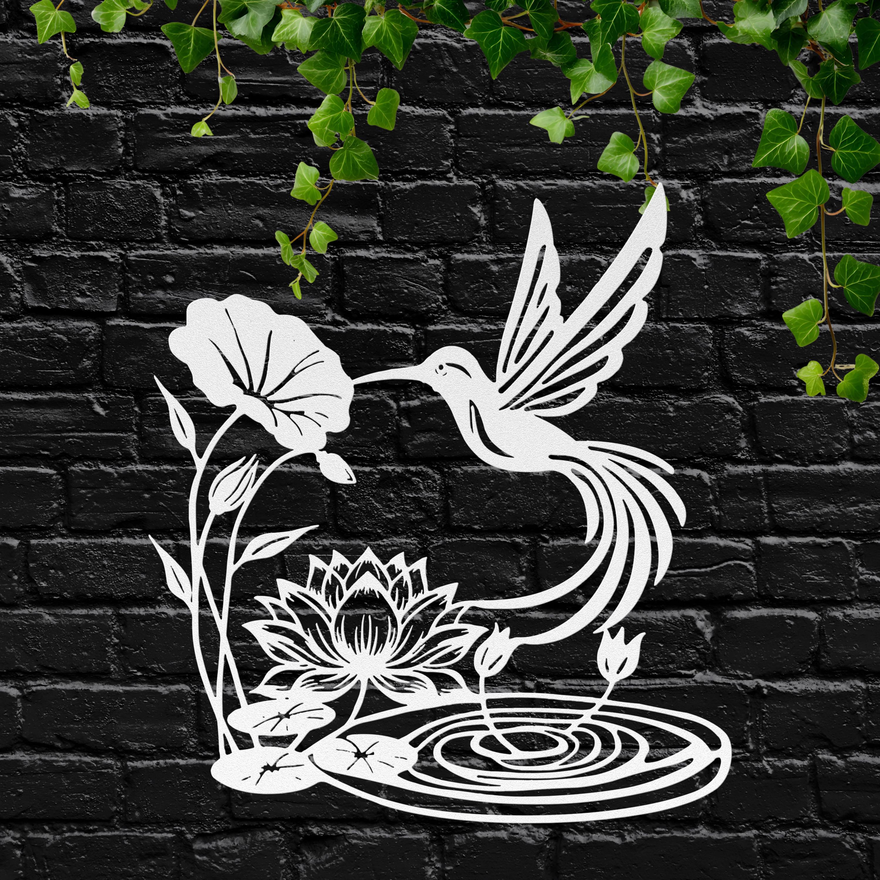 Metal Wall Art – Hummingbird & Lotus Flower Garden Sign | Black Steel Silhouette
