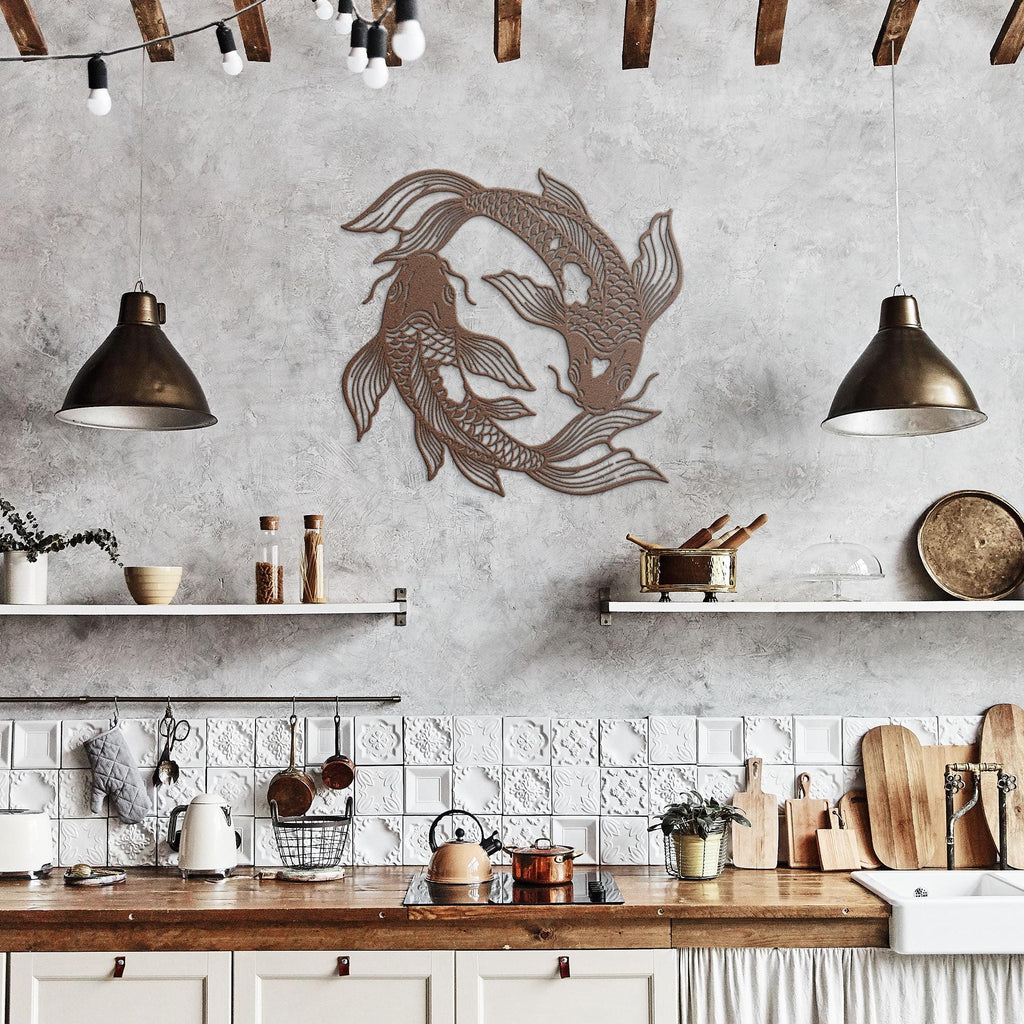 Yin Yang Koi Fish Metal Wall Art, Japanese Zen Decor