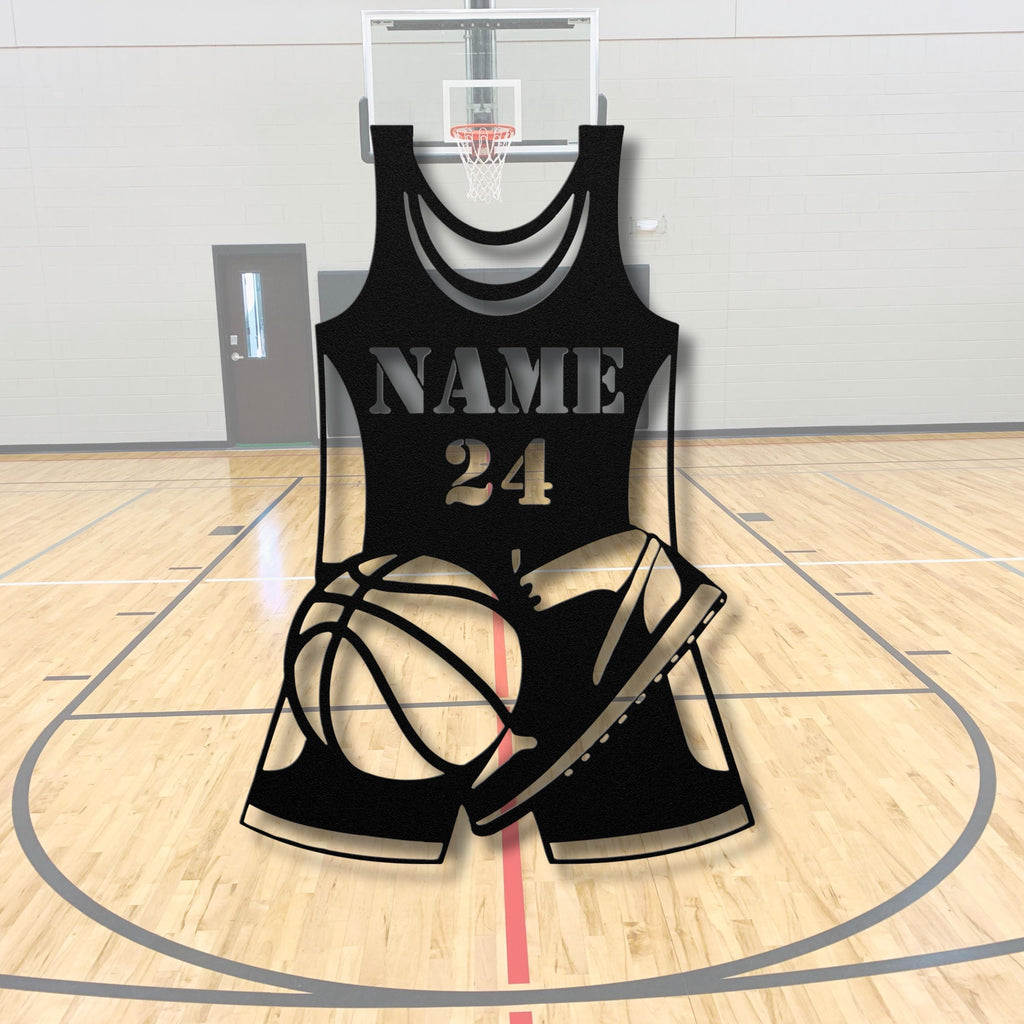 Personalized Basketball Jersey Metal Art, Custom Name Number Die-Cut Sign, Ball Shoe Decor, Athlete Team Gift, Sports Fan Wall Art