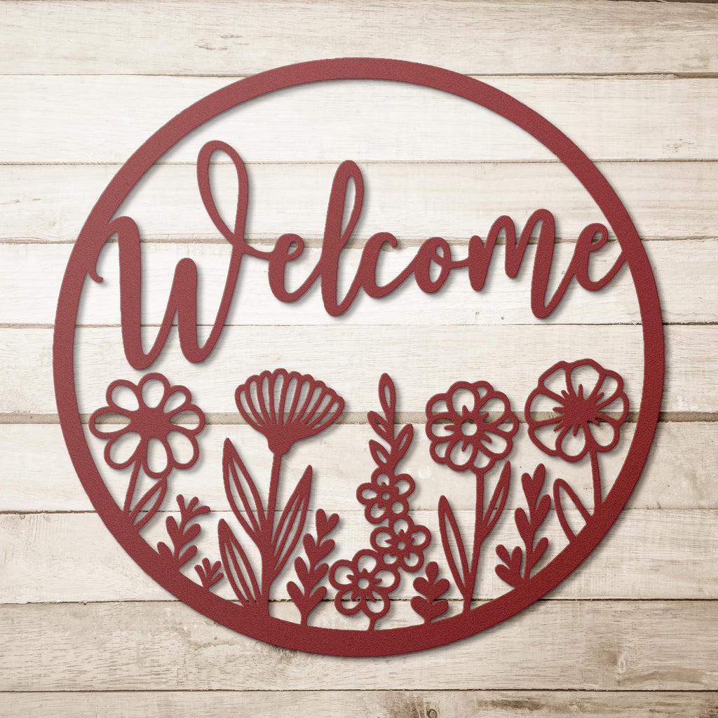 Floral Welcome Metal Sign, Round Door Hanger, Housewarming Gift