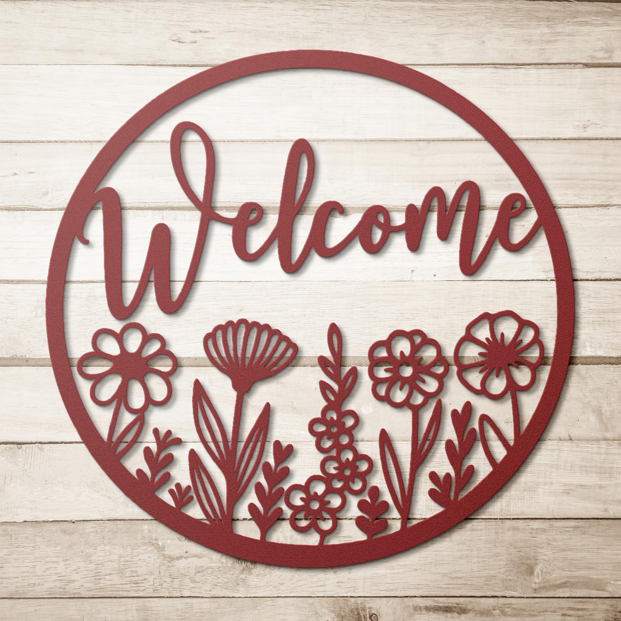 Floral Welcome Metal Sign, Round Door Hanger, Housewarming Gift
