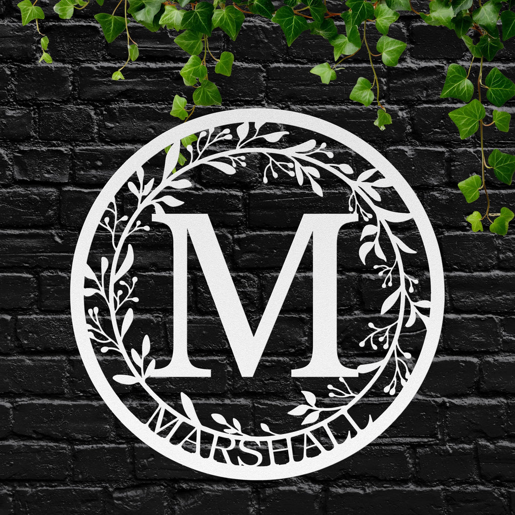 Personalized Wreath Sign - Custom Metal Art With Leafy Vine Border | Rustic Farmhouse Decor