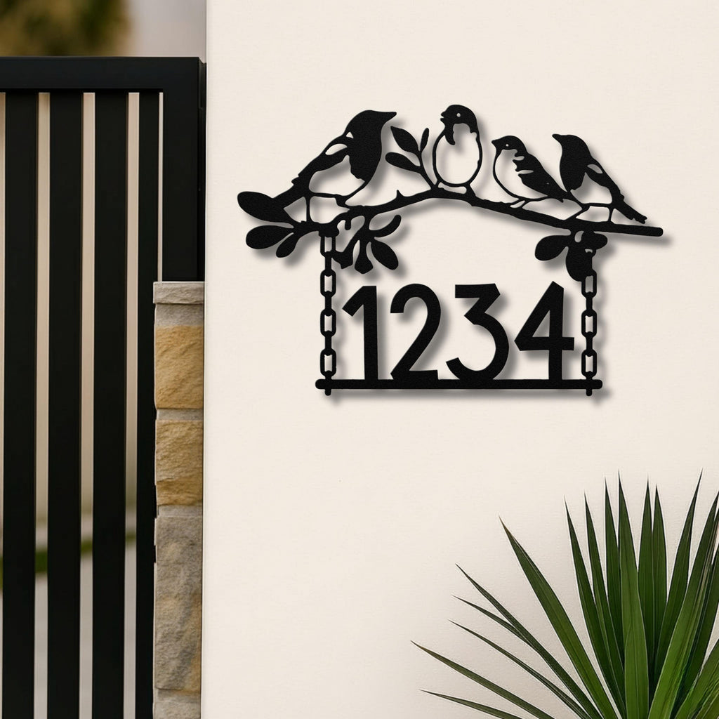 Bird Family Address Sign | Custom Metal House Number Decor