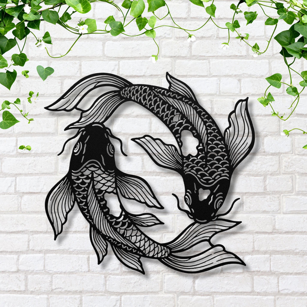 Yin Yang Koi Fish Metal Wall Art, Japanese Zen Decor