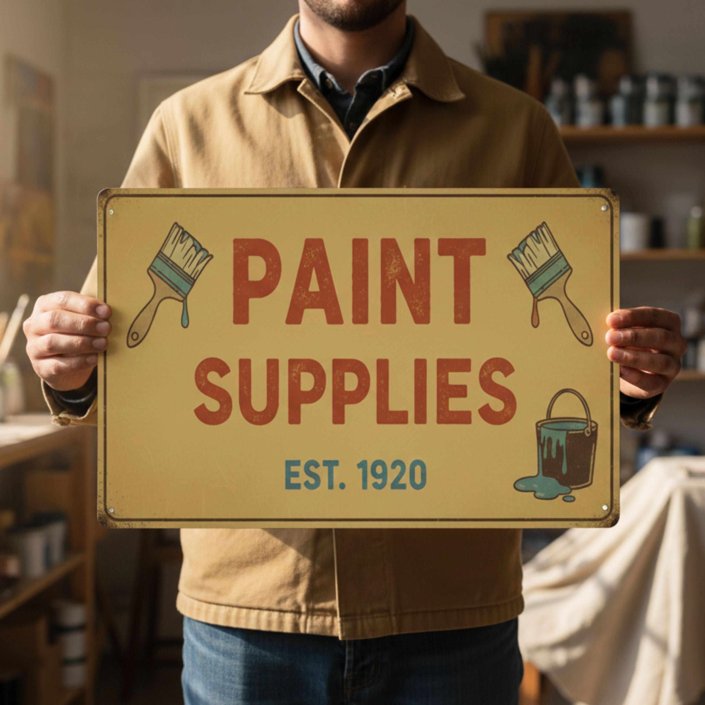 Vintage Paint Supplies Sign, Art Studio Hardware Retro Metal Plaque, Home Repair Decor