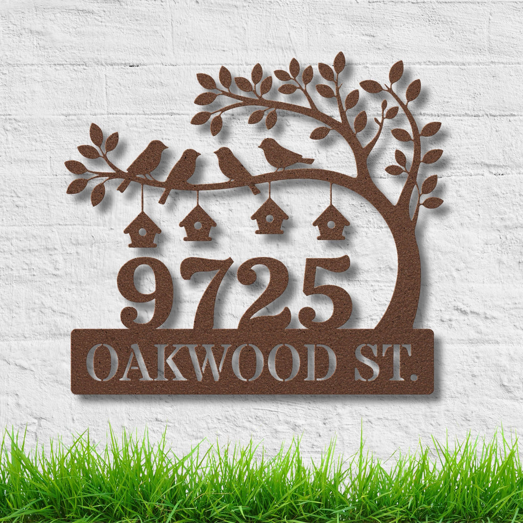 Personalized Metal Address Sign, Custom House Number Plaque, Tree Birdhouse Decor, Street Name Sign