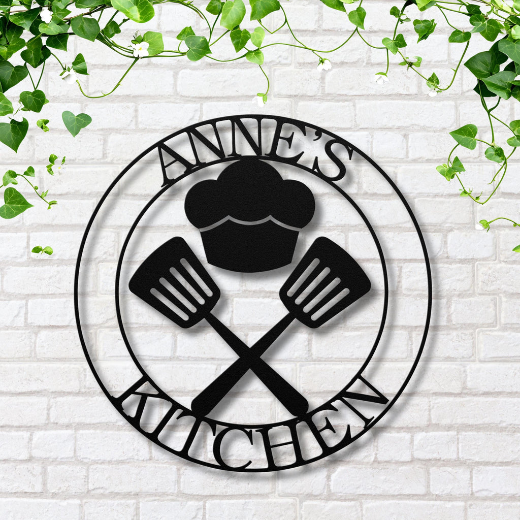 Personalized Kitchen Metal Sign, Chef Hat & Spatula Art