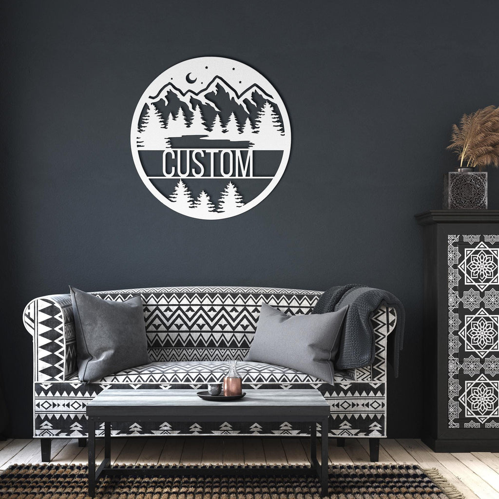 Personalized Mountain Sign - Custom Metal Sign | Forest Cabin Name Plaque