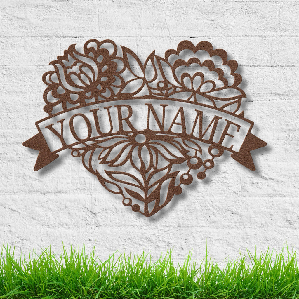 Personalized Metal Sign – Custom Name Sign Floral Heart Art Wedding Gift Idea