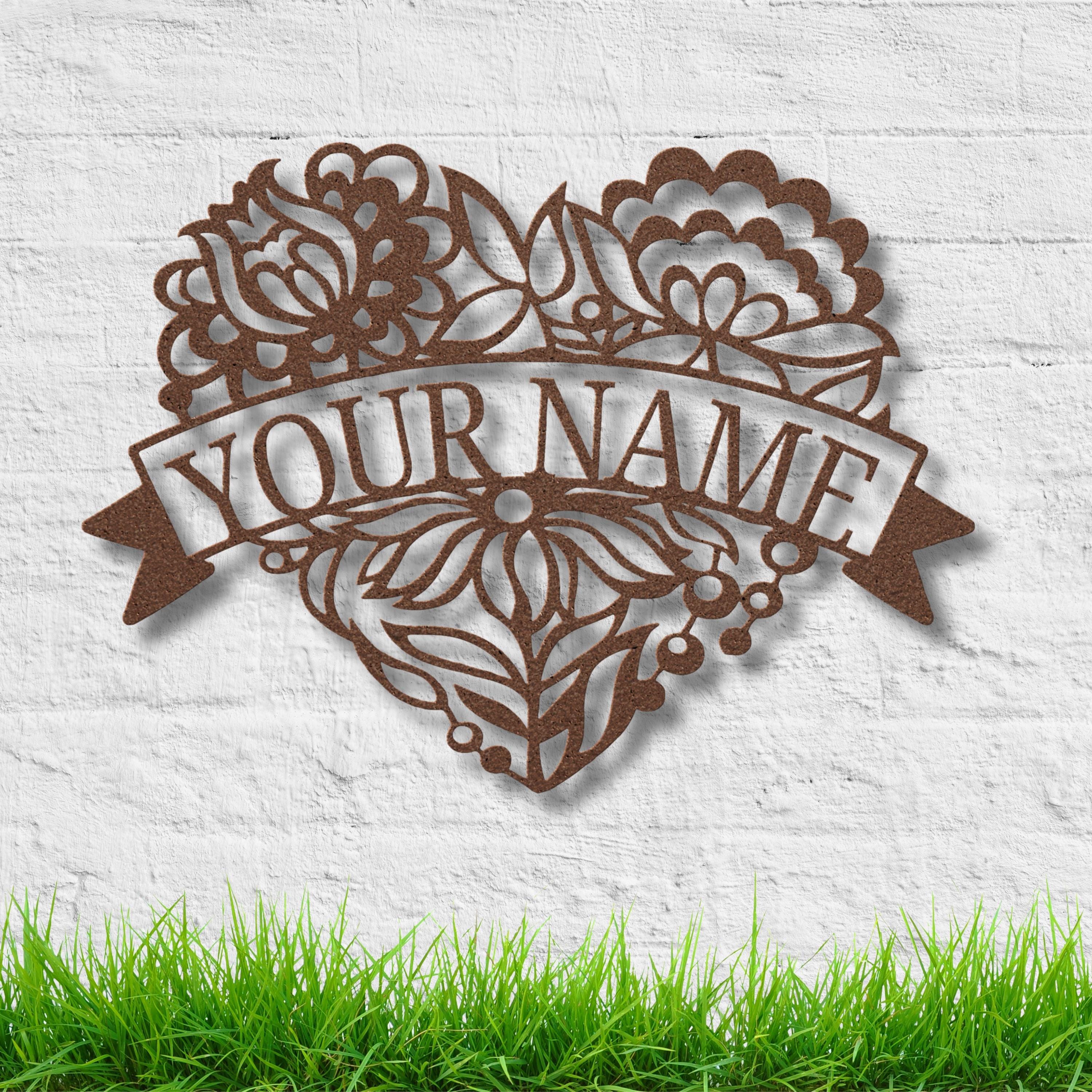Personalized Metal Sign – Custom Name Sign Floral Heart Art Wedding Gift Idea