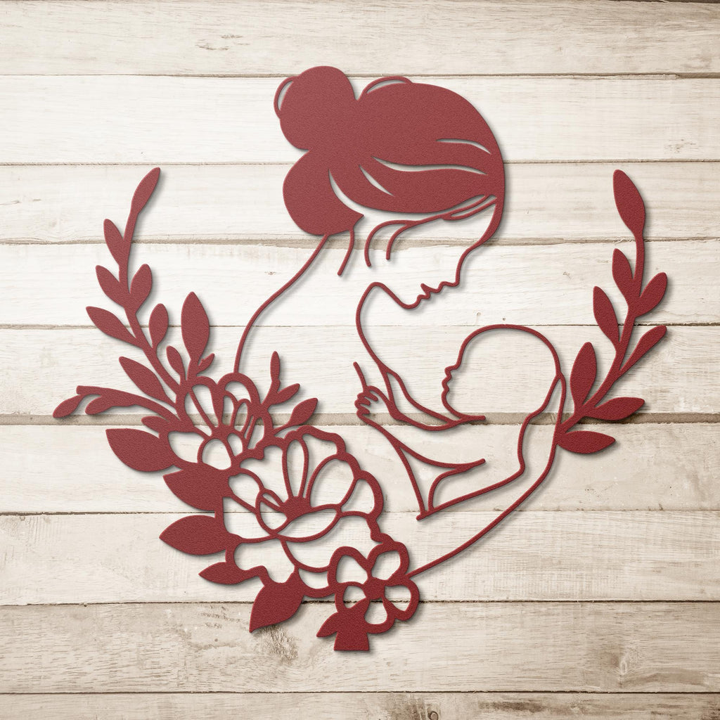 Mother Baby Metal Sign – Floral Die Cut Sign | Minimalist Metal Art Nursery Wall Decor