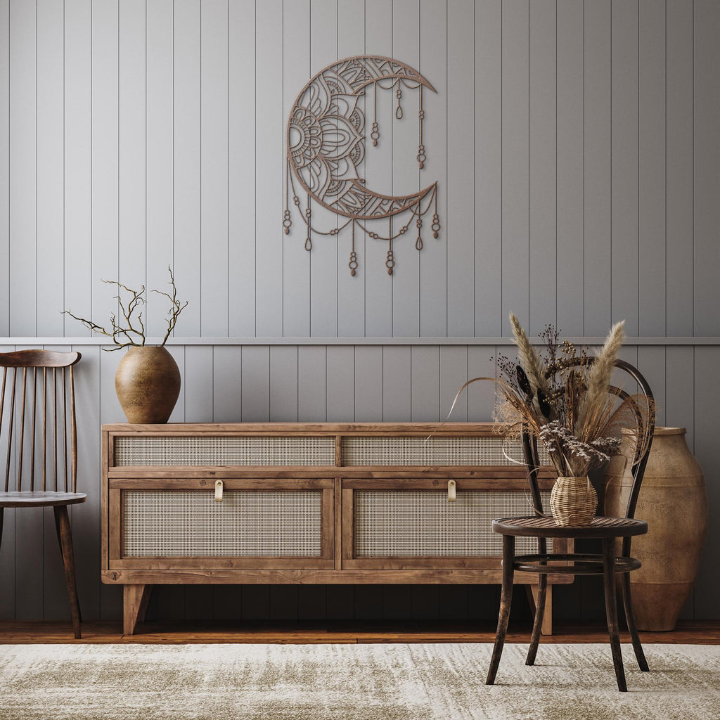 Mandala Crescent Moon Black Metal Cutout - Intricate Mandala Design Boho Wall Art