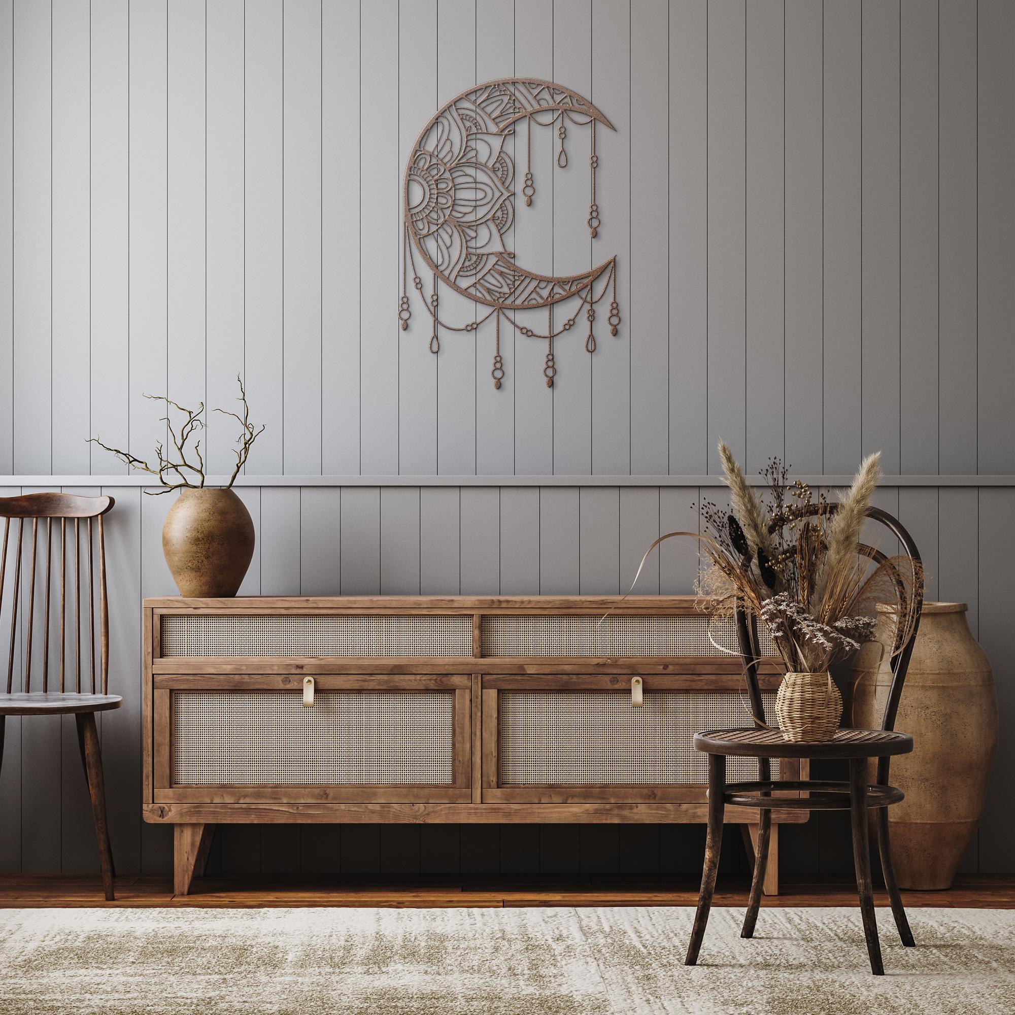 Mandala Crescent Moon Black Metal Cutout - Intricate Mandala Design Boho Wall Art