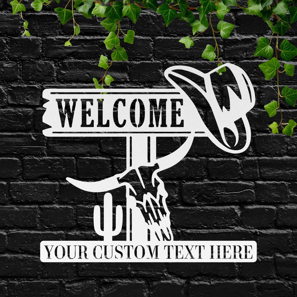 Personalized Welcome Sign, Cowboy Hat & Skull Decor, Rustic Metal Welcome Art, Custom Western Ranch Gift, Die Cut Desert Decor
