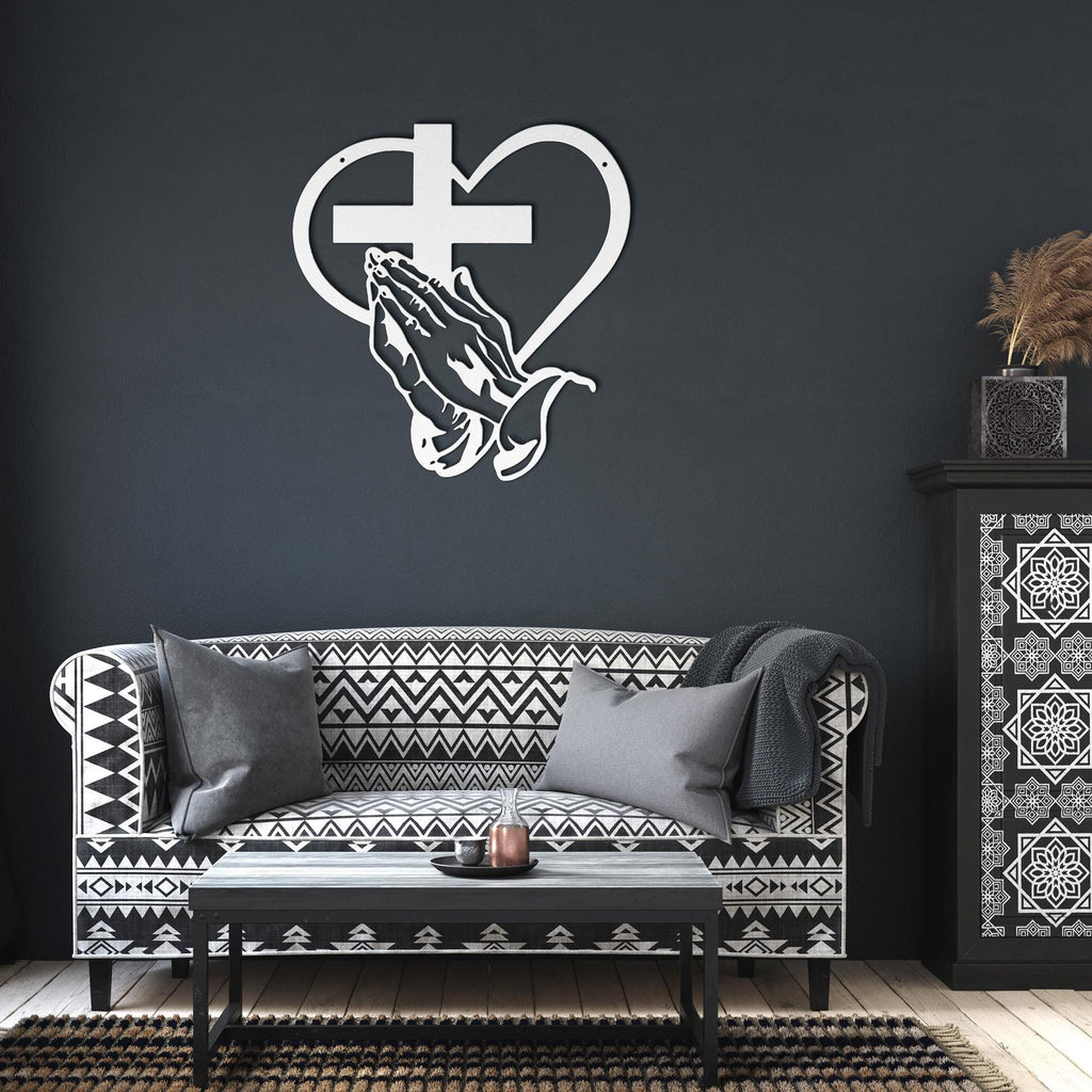 Praying Hands Metal Art – Religious Metal Sign | Christian Wall Decor & Heart Cross