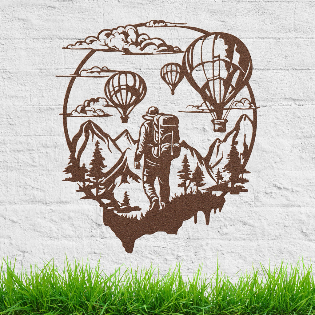 Adventure Hiker Hot Air Balloon Metal Wall Art | Travel Nature Scene Decor | Black Die-Cut Mountain Home Gift