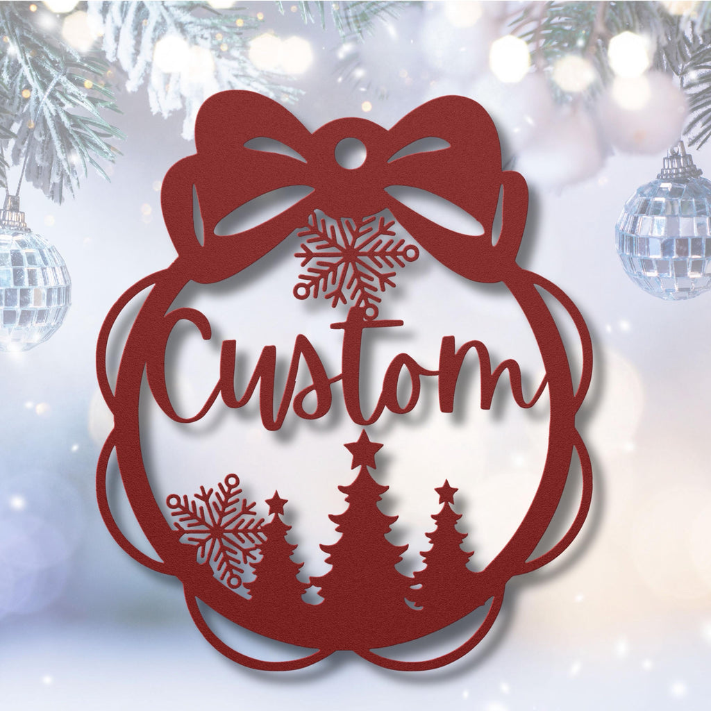 Personalized Christmas Ornament Metal Sign, Custom Holiday Die-Cut Decor, Snowflake Bow Family Name Gift, Xmas Tree Wall Art